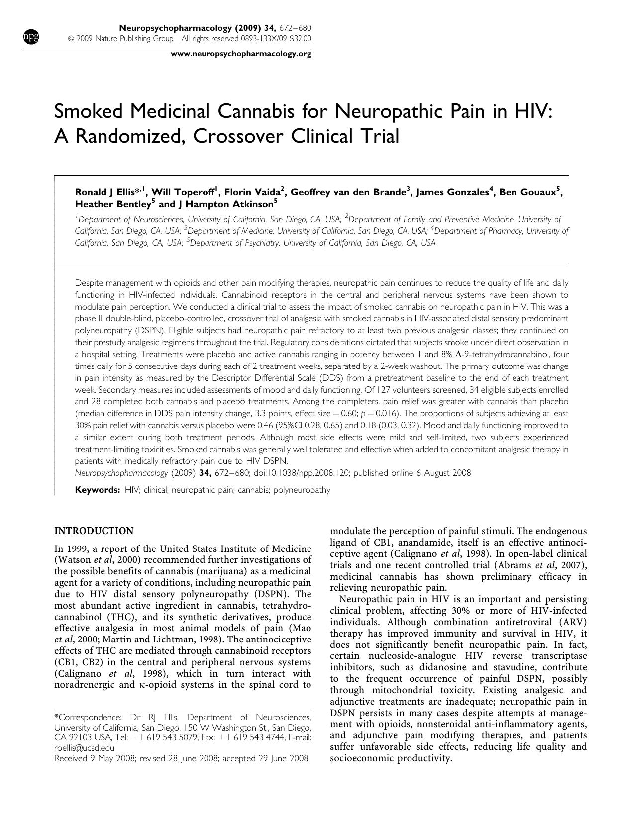 Smoked Medicinal Cannabis for Neuropathic Pain in HIV by A randomized crossover clinical trial