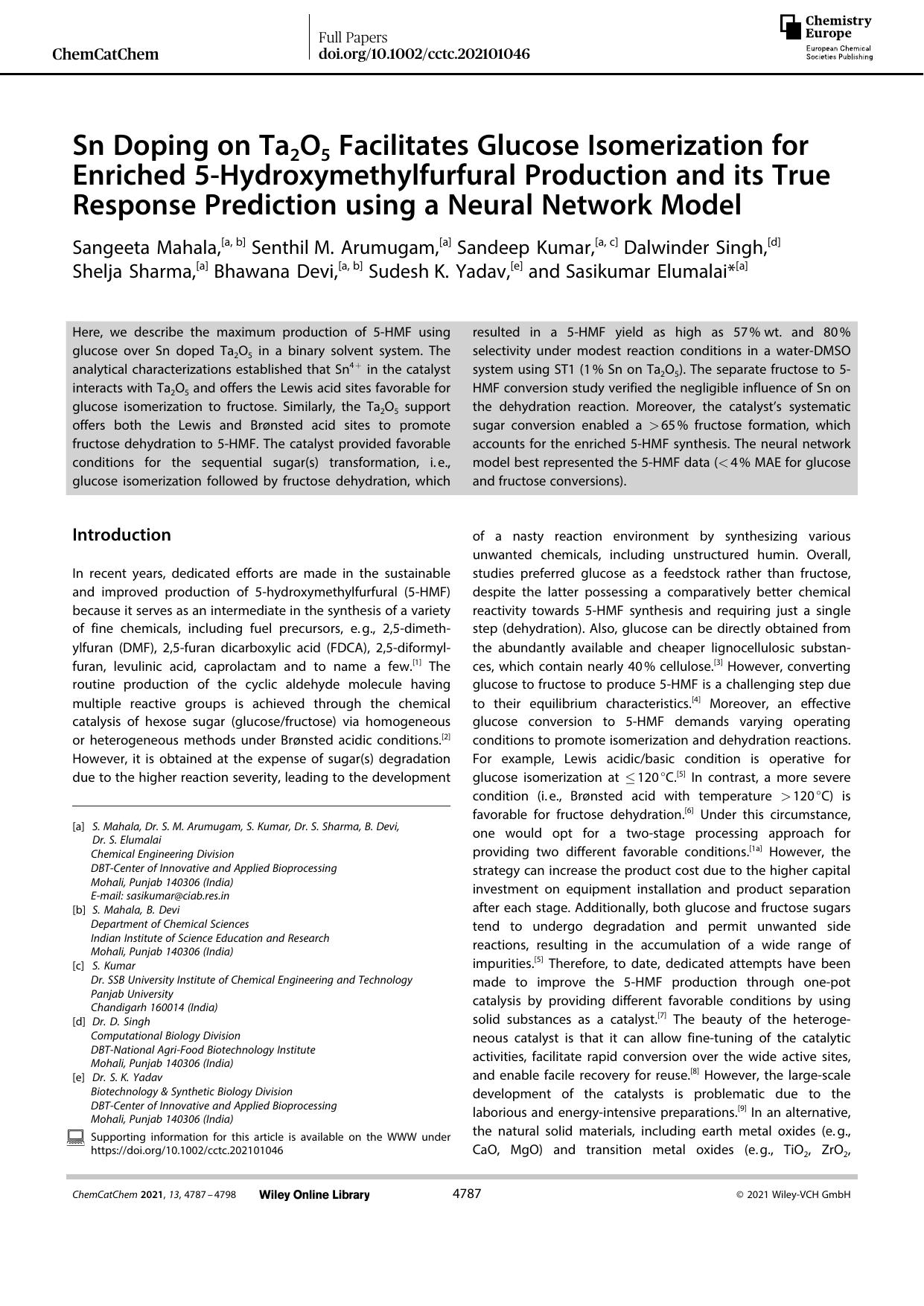 Sn Doping on Ta2O5 Facilitates Glucose Isomerization for Enriched 5âHydroxymethylfurfural Production and its True Response Prediction using a Neural Network Model by Unknown