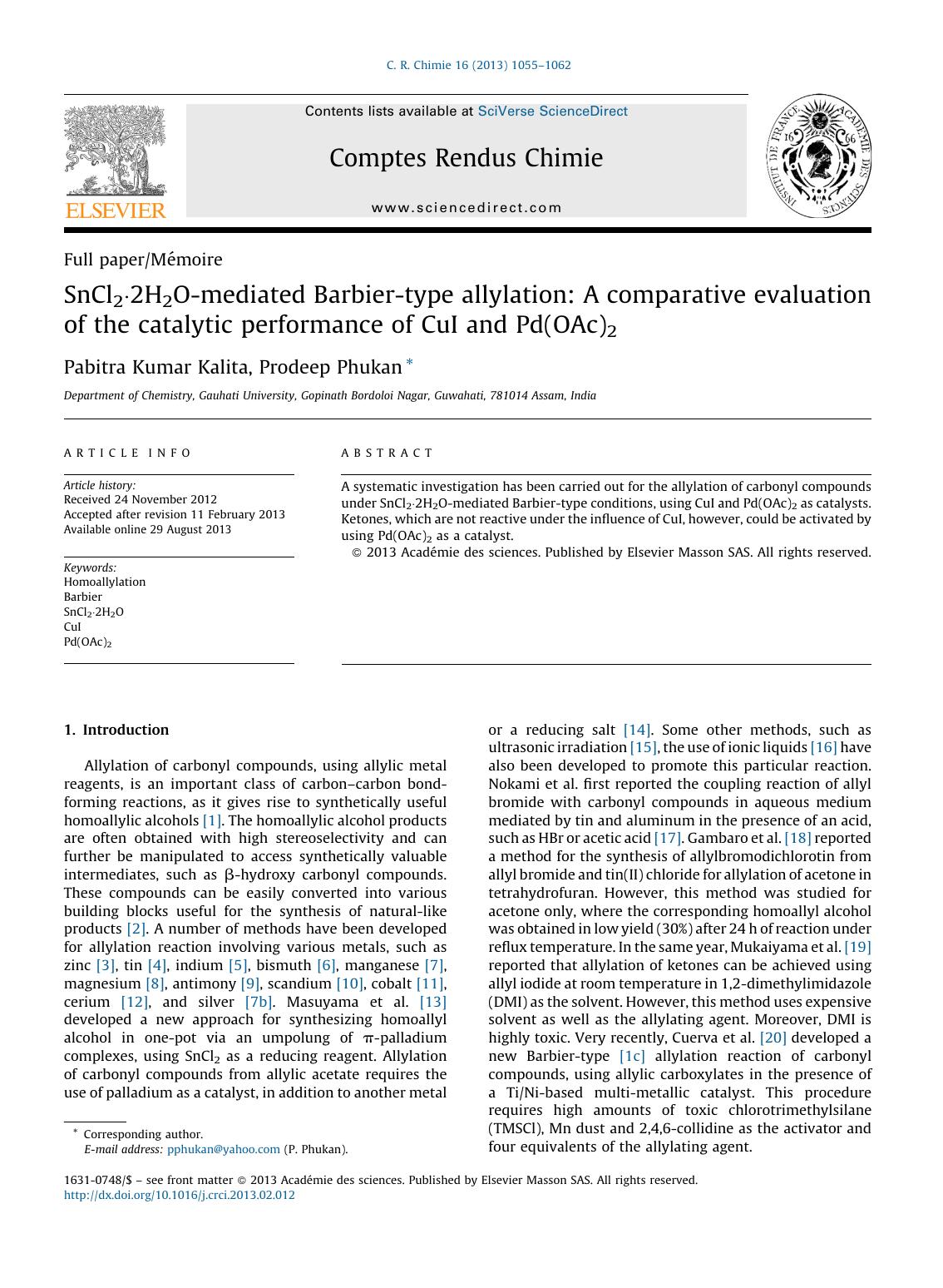 SnCl2Â·2H2O-mediated Barbier-type allylation: A comparative evaluation of the catalytic performance of CuI and Pd(OAc)2 by Pabitra Kumar Kalita