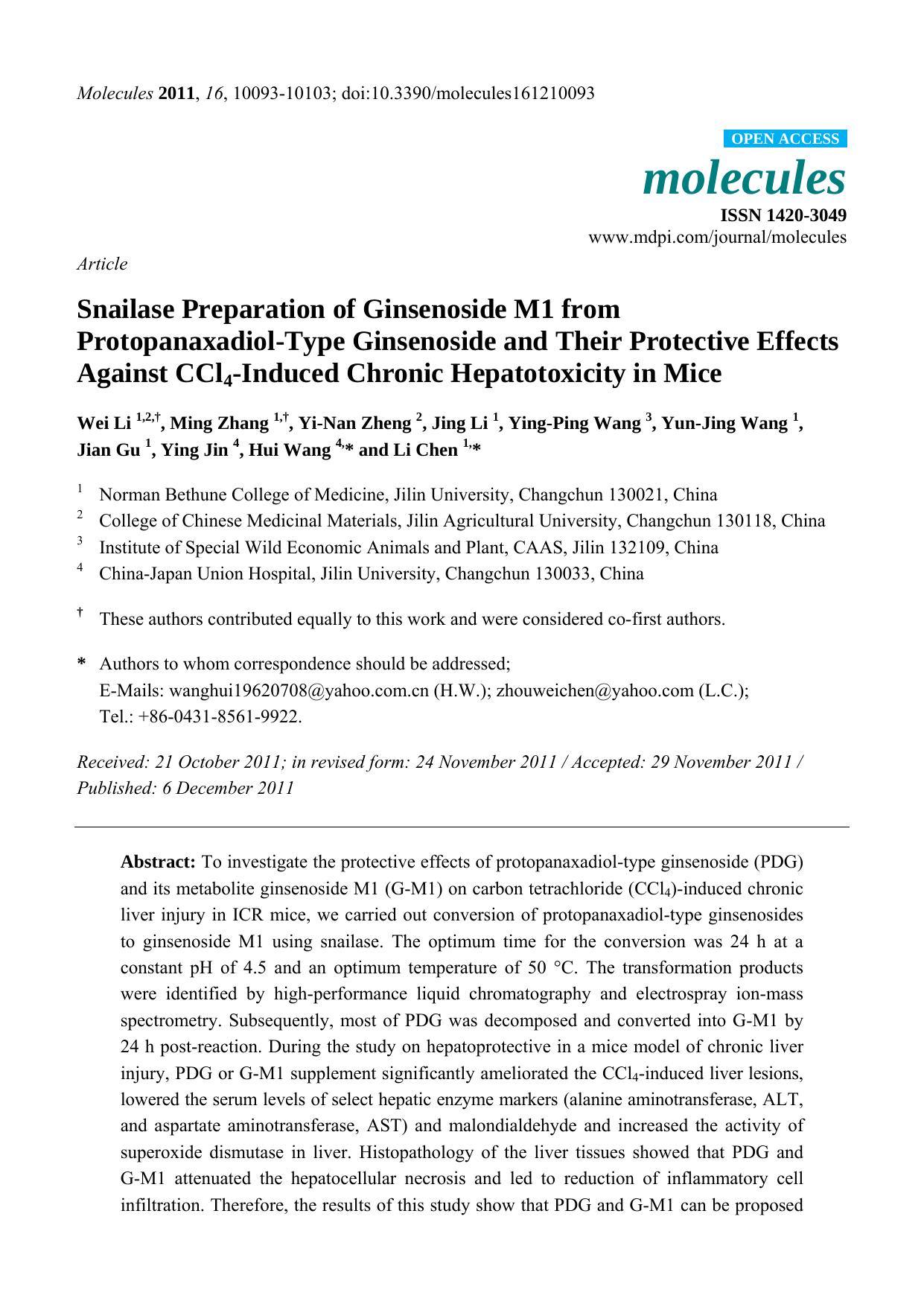Snailase Preparation of Ginsenoside M1 from Protopanaxadiol-Type Ginsenoside and Their Protective Effects Against CCl4-Induced Chronic Hepatotoxicity in Mice by unknow