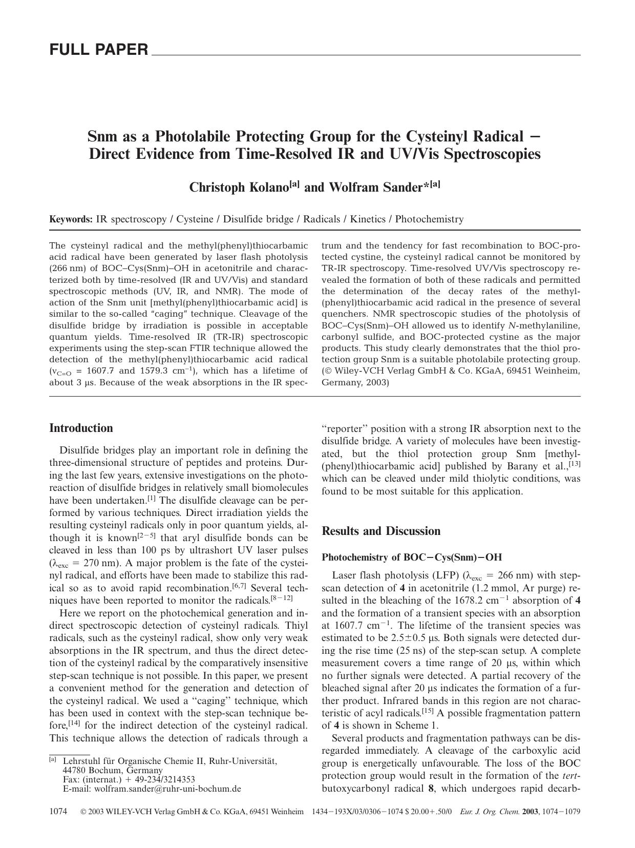 Snm as a Photolabile Protecting Group for the Cysteinyl Radical - Direct Evidence from Time-Resolved IR and UVVis Spectroscopies by Unknown