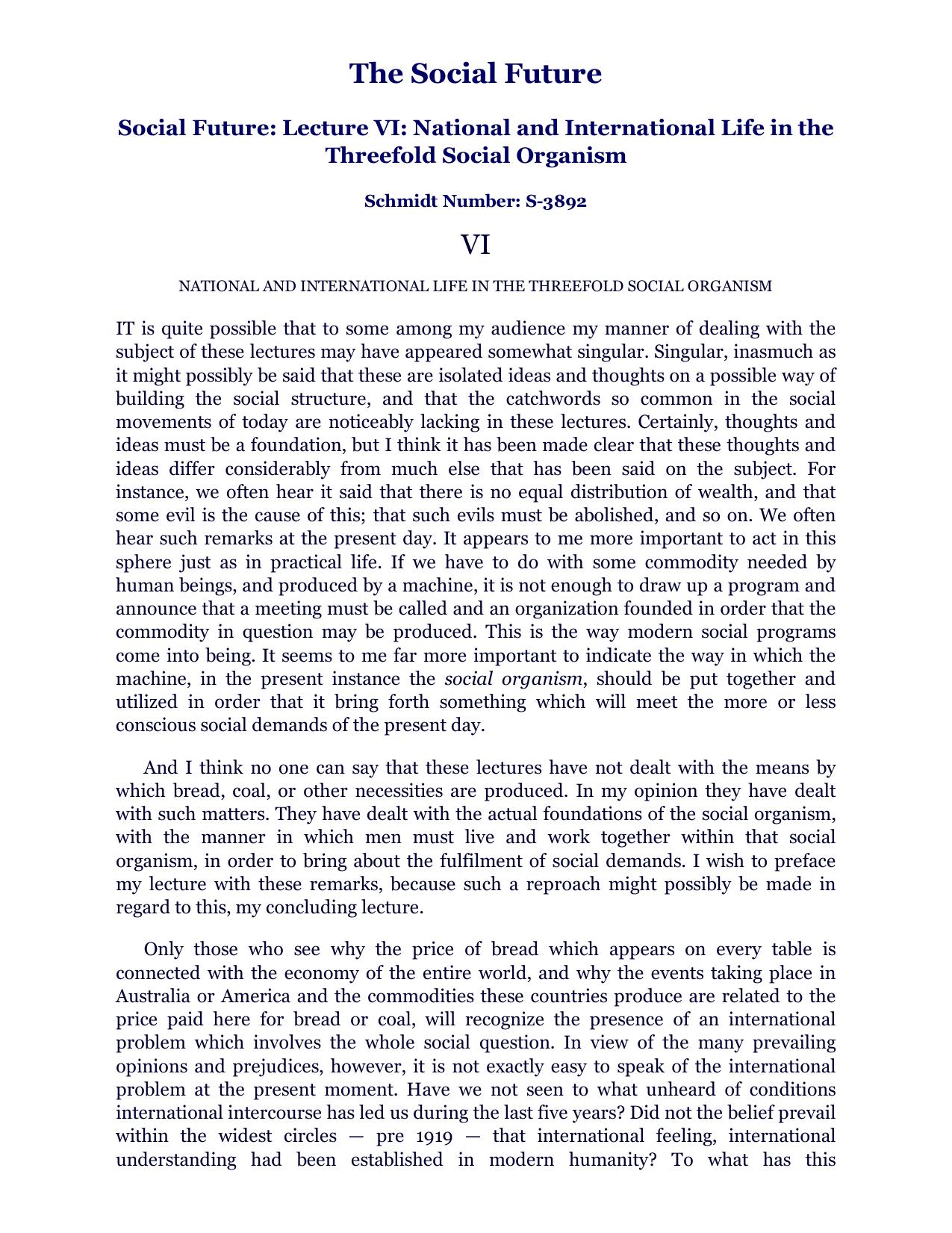 Social Future: Lecture 6: National and International Life in the Threefold Social Organism by Rudolf Steiner