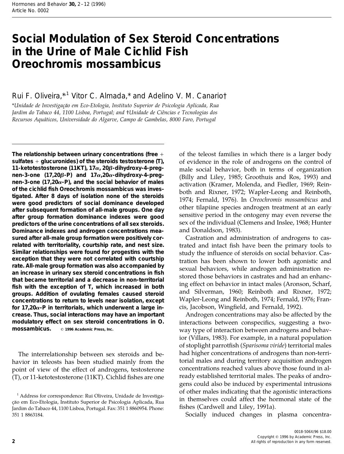 Social Modulation of Sex Steroid Concentrations in the Urine of Male Cichlid Fish Oreochromis mossambicus by Olivera R.F. et al