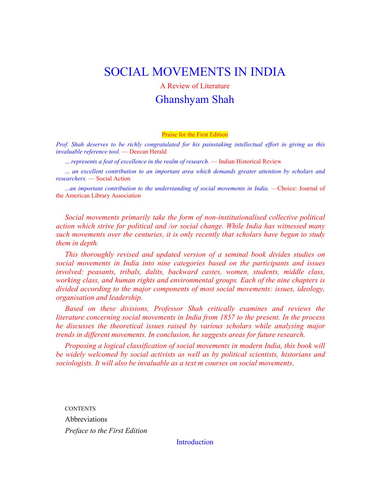 Social Movements in India: A Review of Literature by Ghanshyam Shah