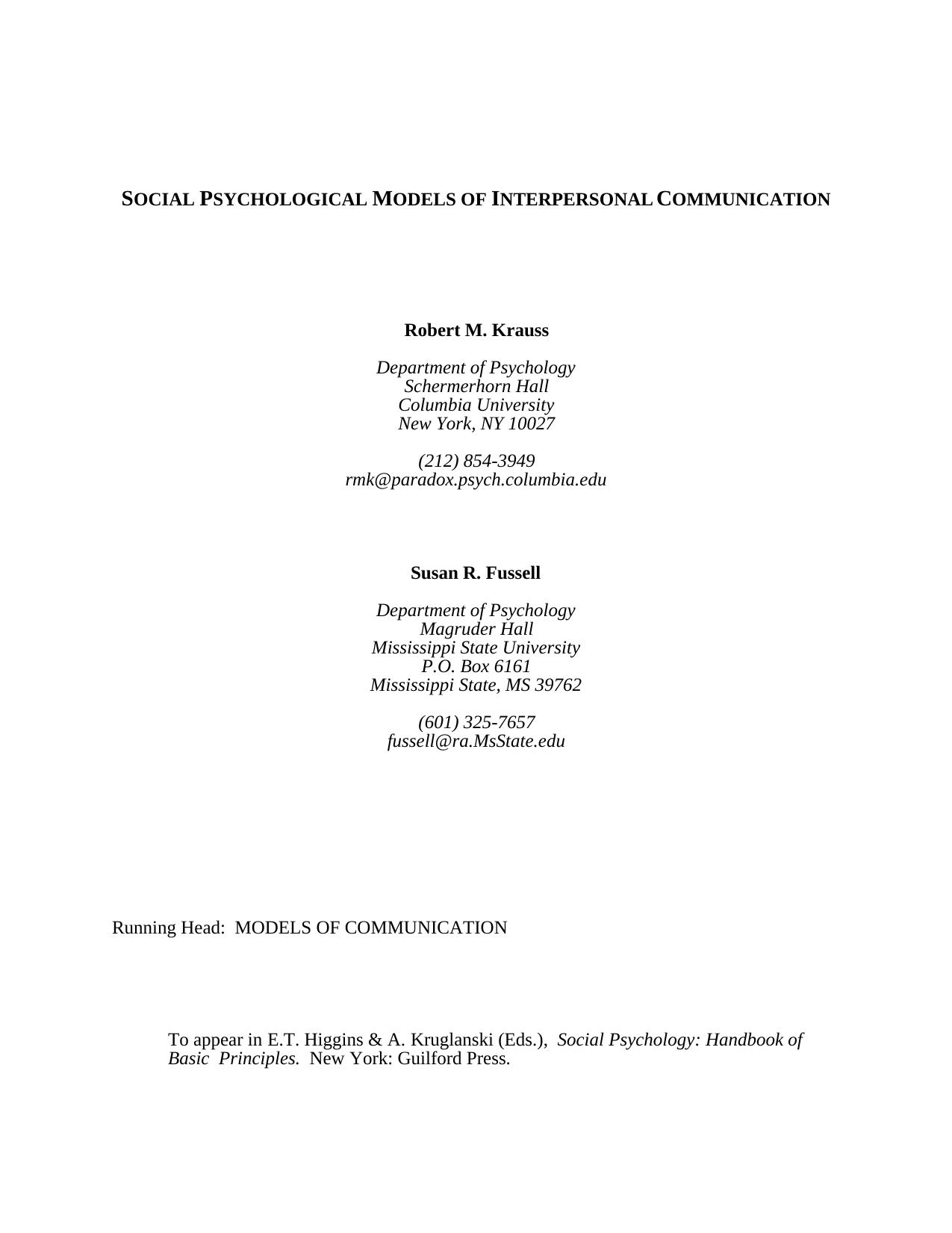 Social Psychological Models of Interpersonal Communication by Krauss