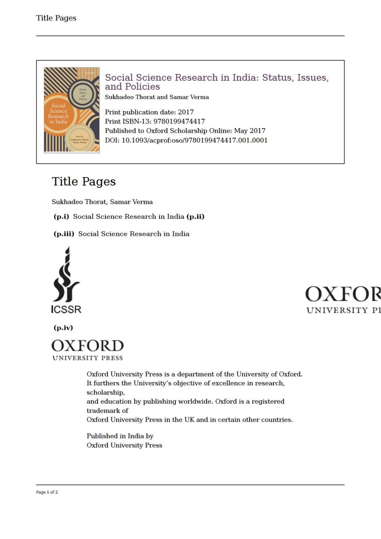 Social Science Research in India: Status, Issues, and Policies by Sukhadeo Thorat; Samar Verma; Senior Program Specialist Samar Verma