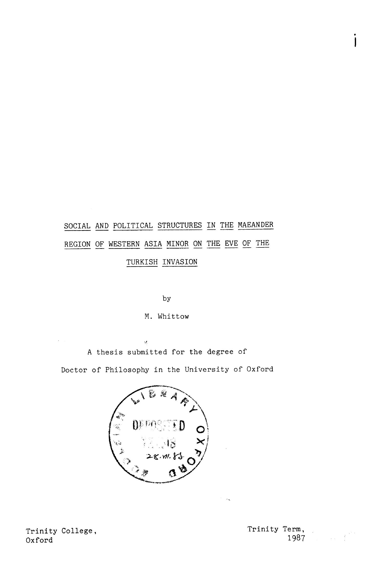 Social and Political Structures in the Maeander Region of Western Asia Minor on the Eve of the Turkish Invasion by Mark Whittow