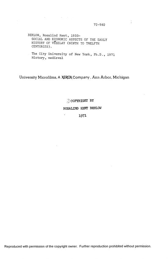Social and economic aspects of the early history of VÃ©zelay (ninth to twelfth centuries) [thesis] by Rosalind Kent Berlow
