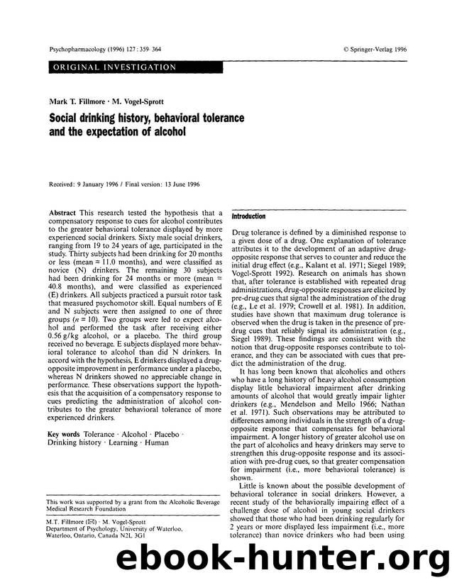 Social drinking history, behavioral tolerance and the expectation of alcohol by Unknown