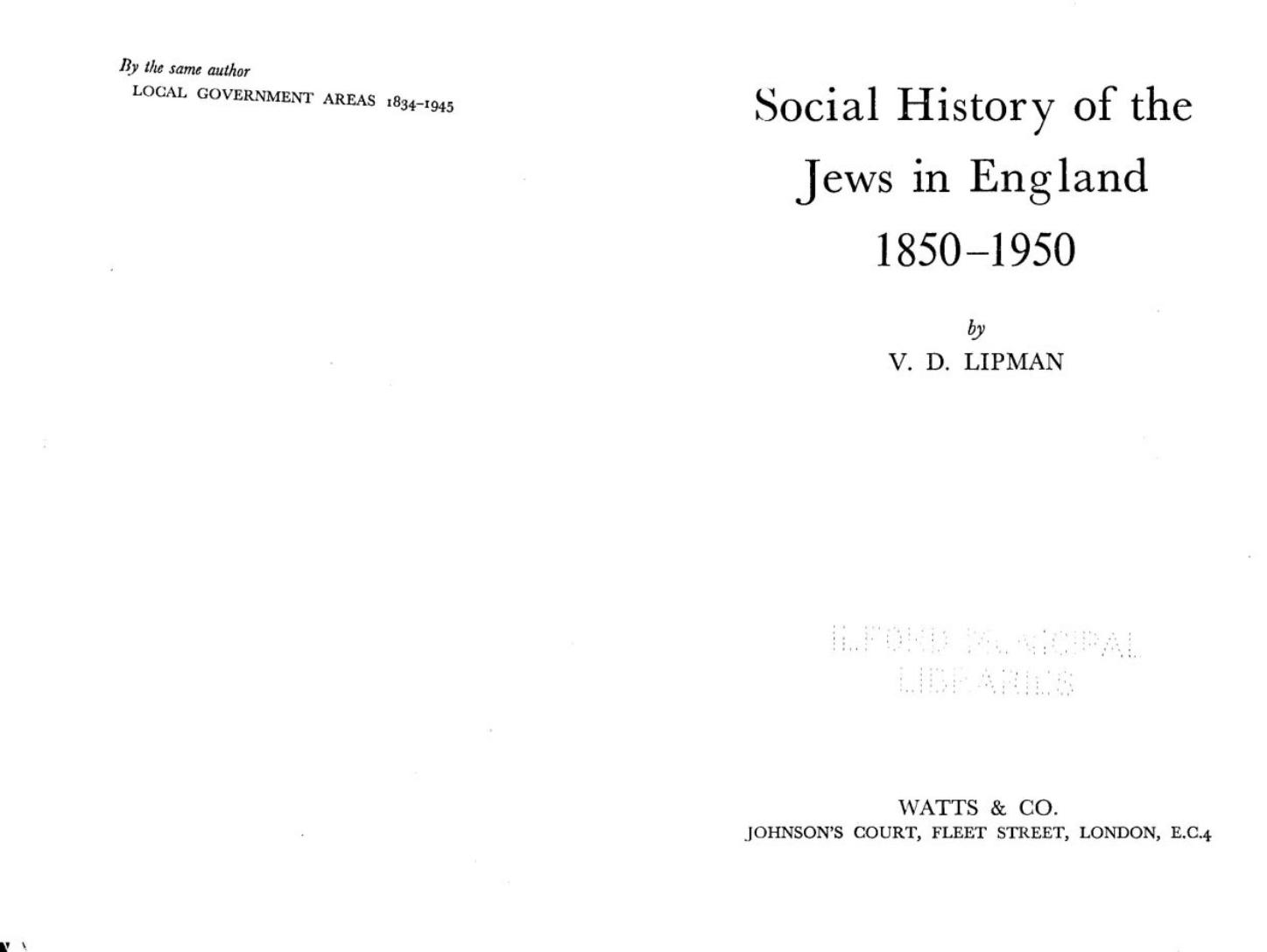 Social history of the Jews in England, 1850-1950 by Lipman Vivian David