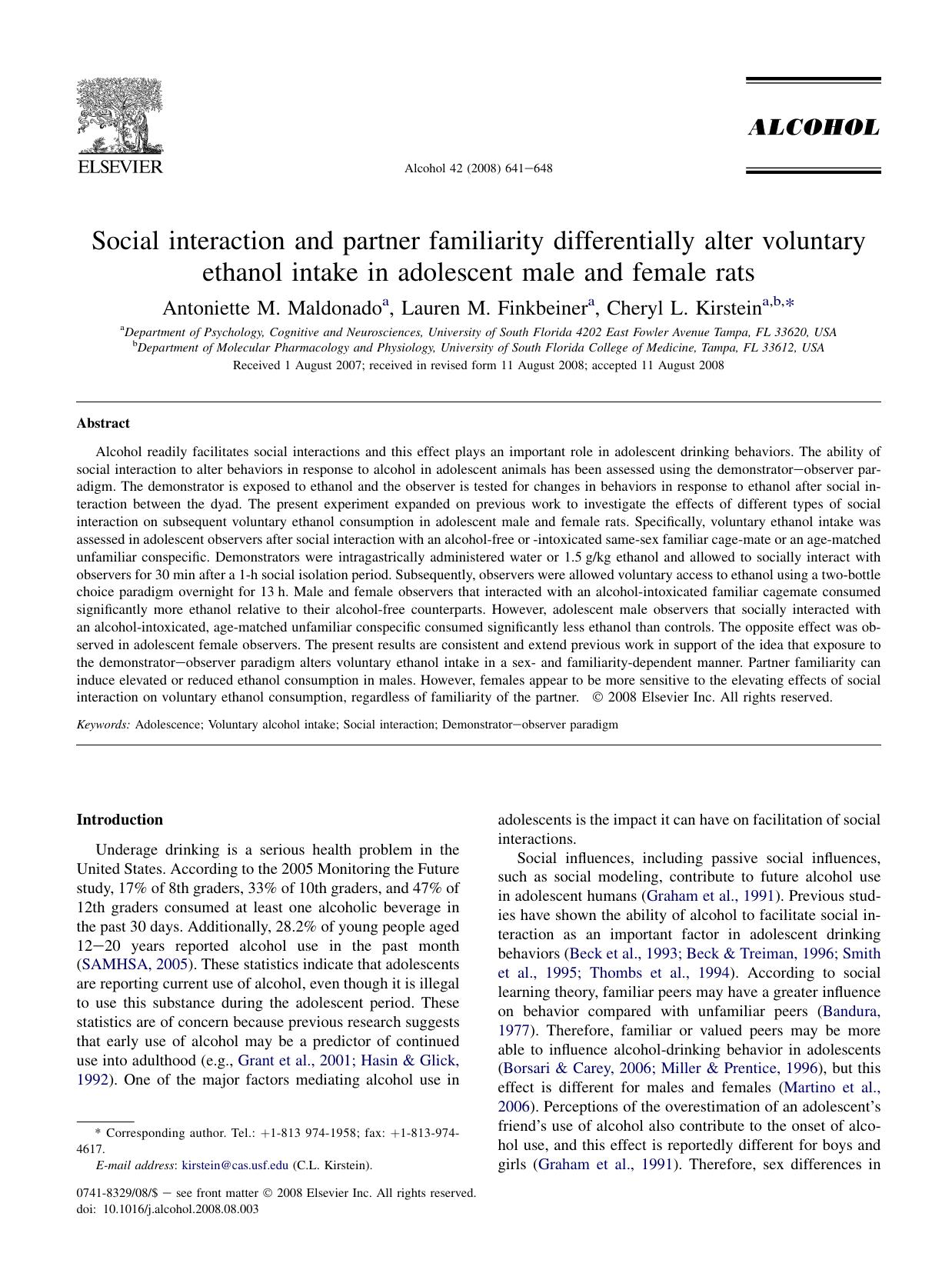 Social interaction and partner familiarity differentially alter voluntary ethanol intake in adolescent male and female rats by Antoniette M. Maldonado; Lauren M. Finkbeiner; Cheryl L. Kirstein