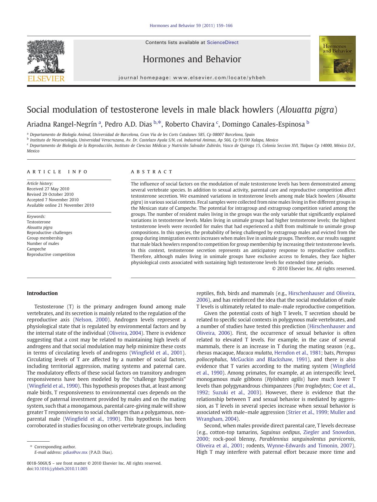 Social modulation of testosterone levels in male black howlers (Alouatta pigra) by Ariadna Rangel-Negrín & Pedro A.D. Dias & Roberto Chavira & Domingo Canales-Espinosa