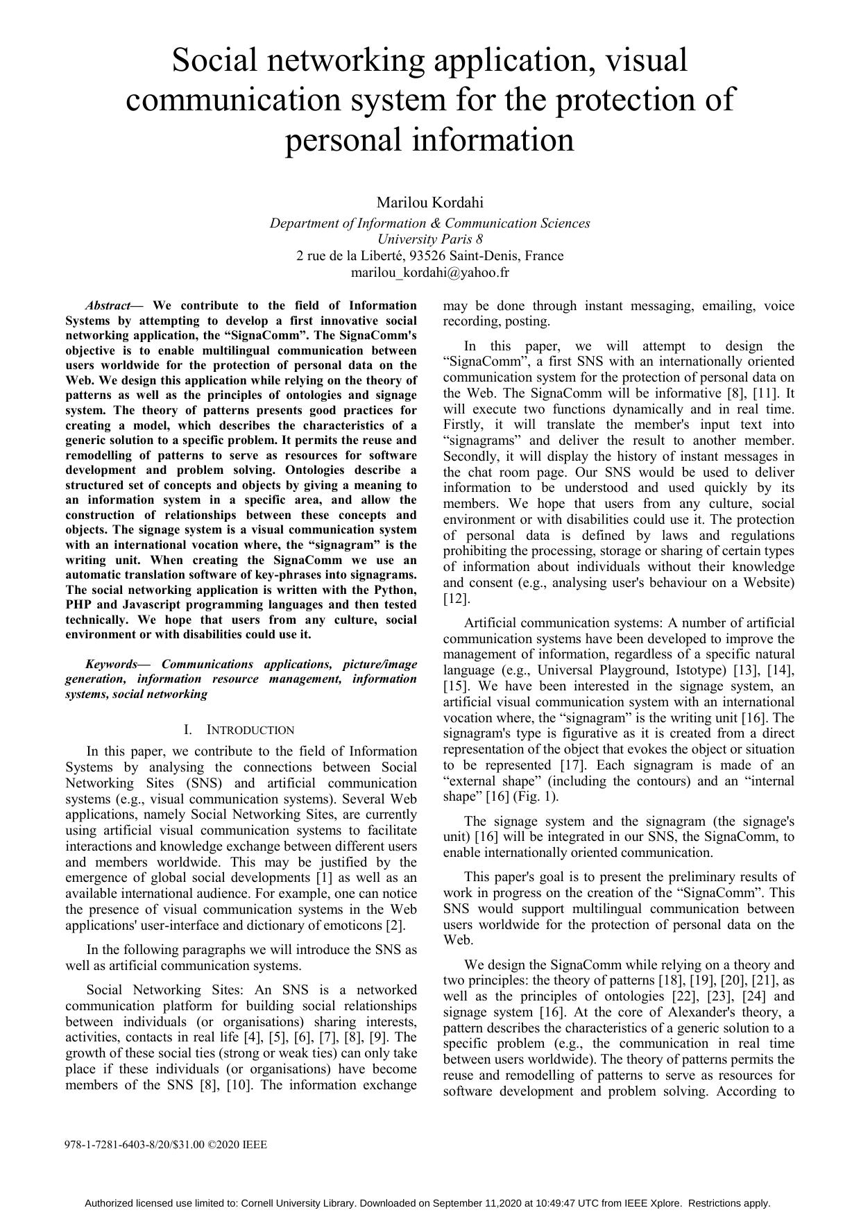 Social networking application, visual communication system for the protection of personal information by Unknown