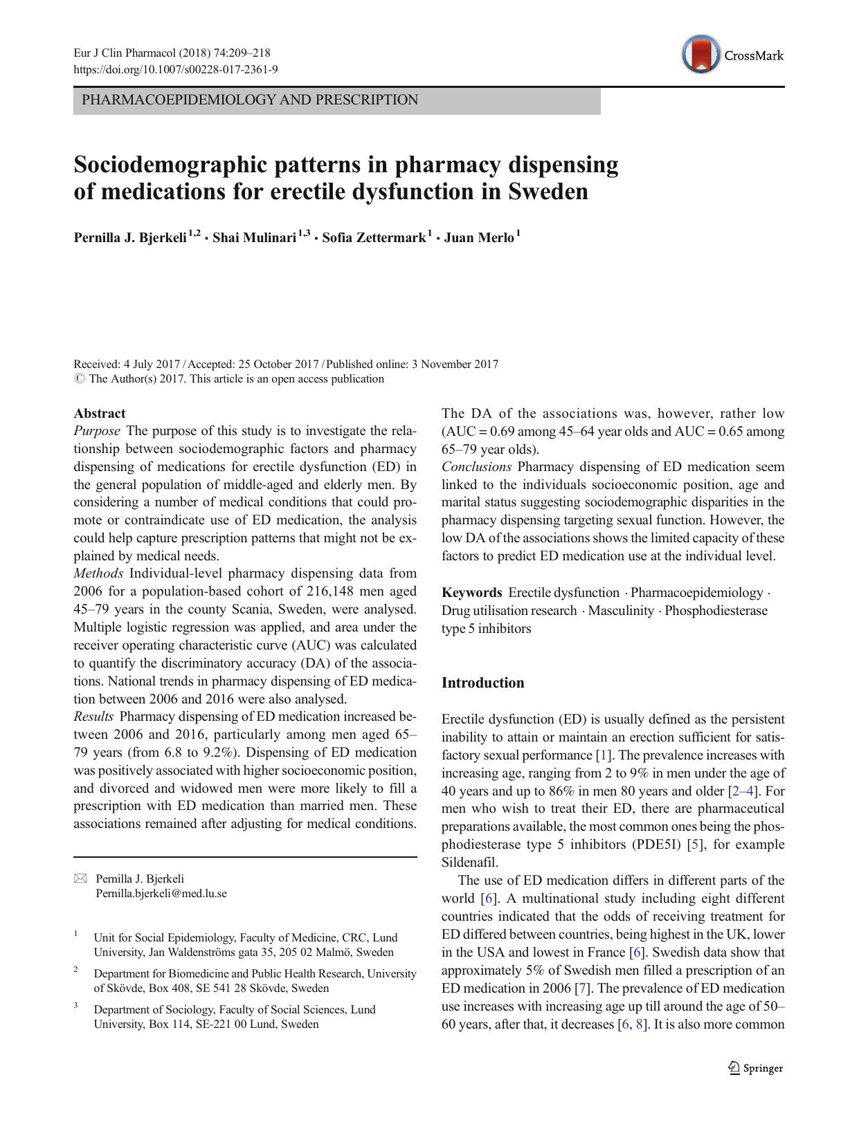 Sociodemographic patterns in pharmacy dispensing of medications for erectile dysfunction in Sweden by Pernilla J. Bjerkeli & Shai Mulinari & Sofia Zettermark & Juan Merlo