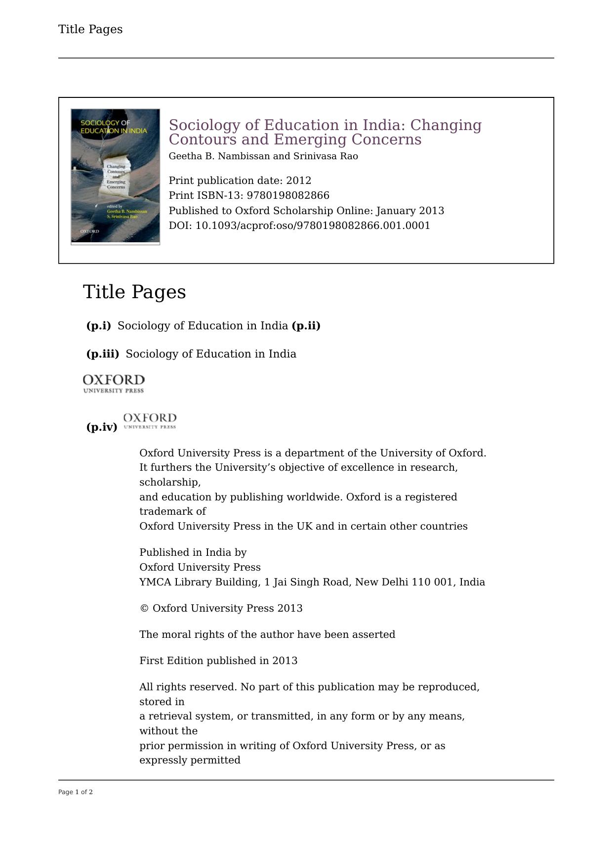 Sociology of Education in India: Changing Contours and Emerging Concerns by Geetha B. Nambissan; Srinivasa Rao