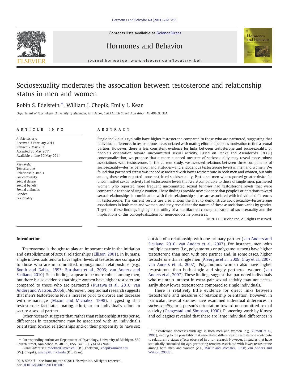 Sociosexuality moderates the association between testosterone and relationship status in men and women by Robin S. Edelstein & William J. Chopik & Emily L. Kean