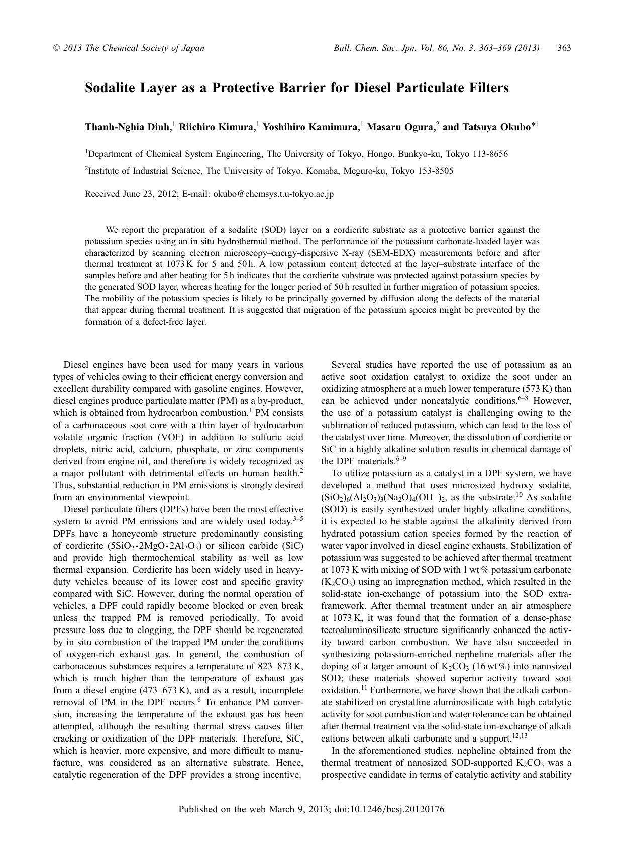 Sodalite Layer as a Protective Barrier for Diesel Particulate Filters by Thanh-Nghia Dinh Riichiro Kimura Yoshihiro Kamimura Masaru Ogura Tatsuya Okubo