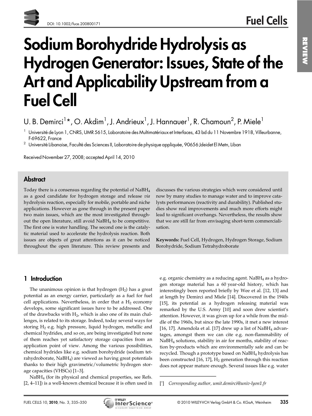 Sodium Borohydride Hydrolysis as Hydrogen Generator: Issues, State of the Art and Applicability Upstream from a Fuel Cell by Unknown