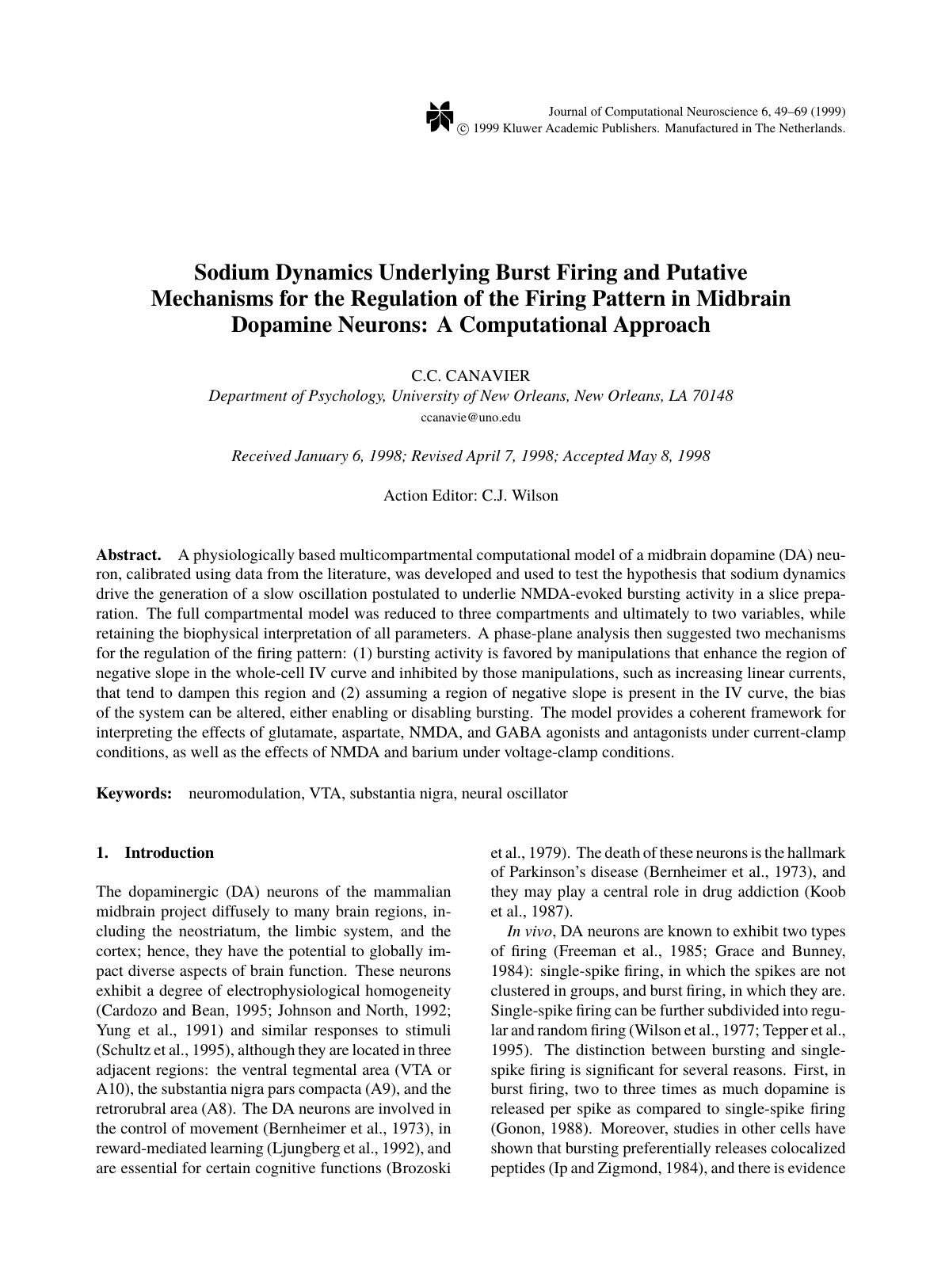 Sodium Dynamics Underlying Burst Firing and Putative Mechanisms for the Regulation of the Firing Pattern in Midbrain Dopamine Neurons: A Computational Approach by Unknown