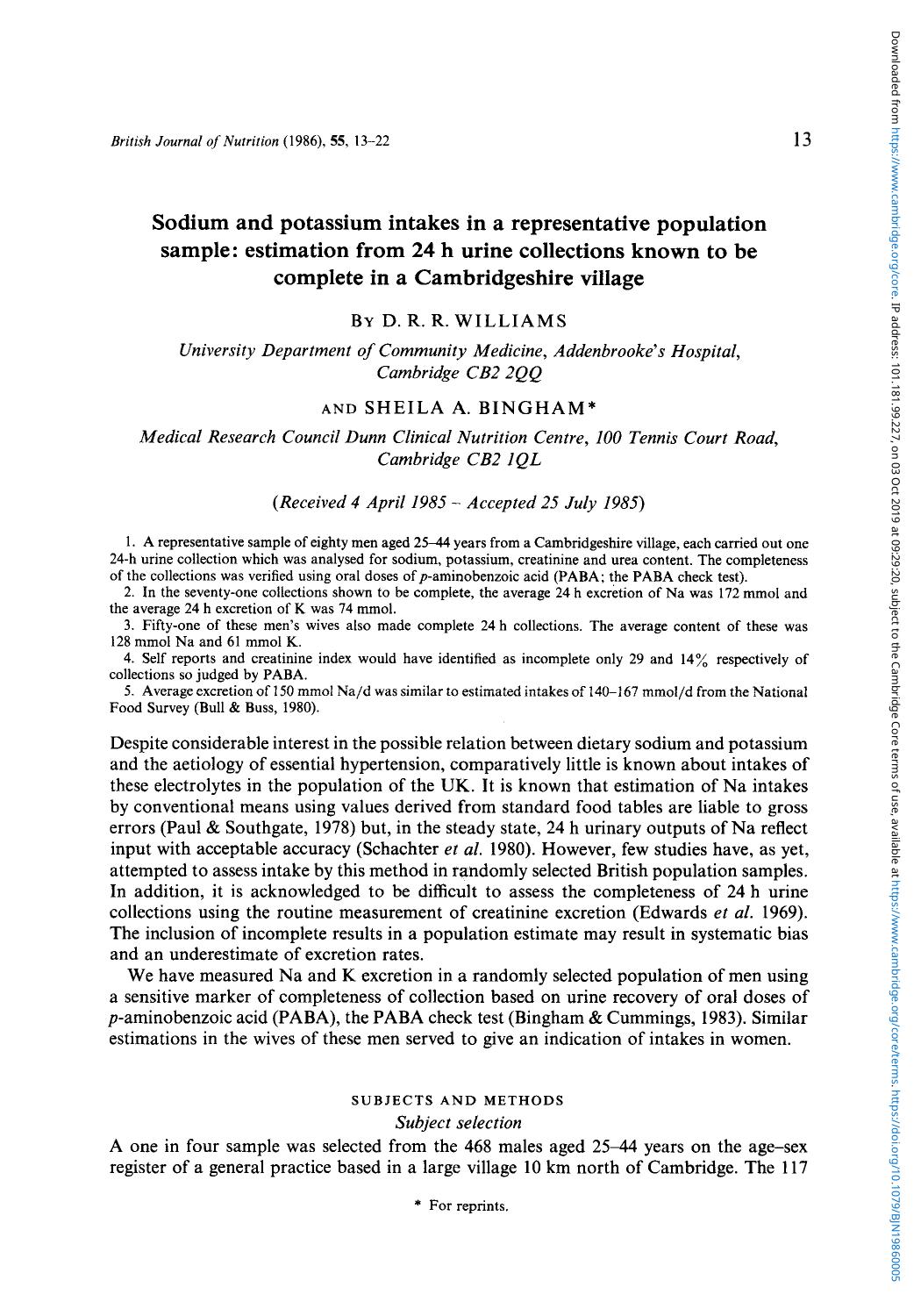 Sodium and potassium intakes in a representative population sample: estimation from 24 h urine collections known to be complete in a Cambridgeshire village by D. R. R. Williams & Sheila A. Bingham