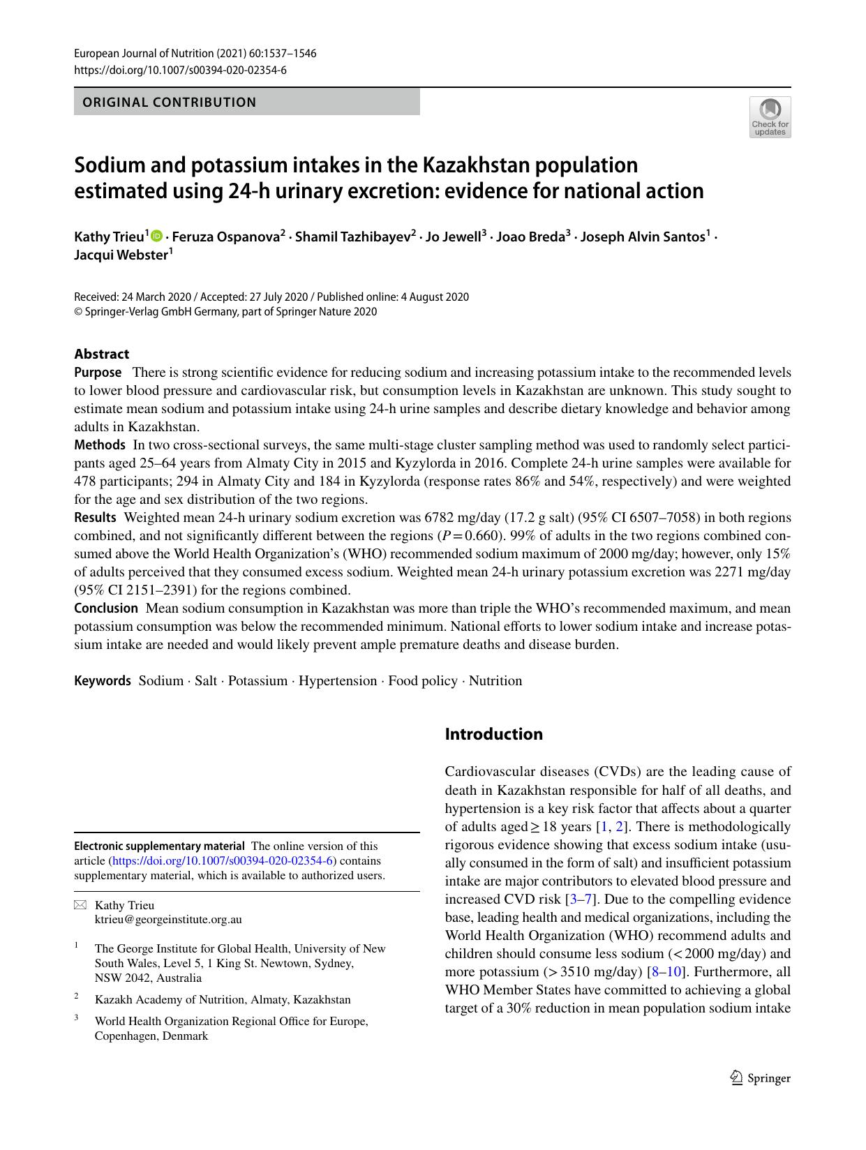 Sodium and potassium intakes in the Kazakhstan population estimated using 24-h urinary excretion: evidence for national action by unknow