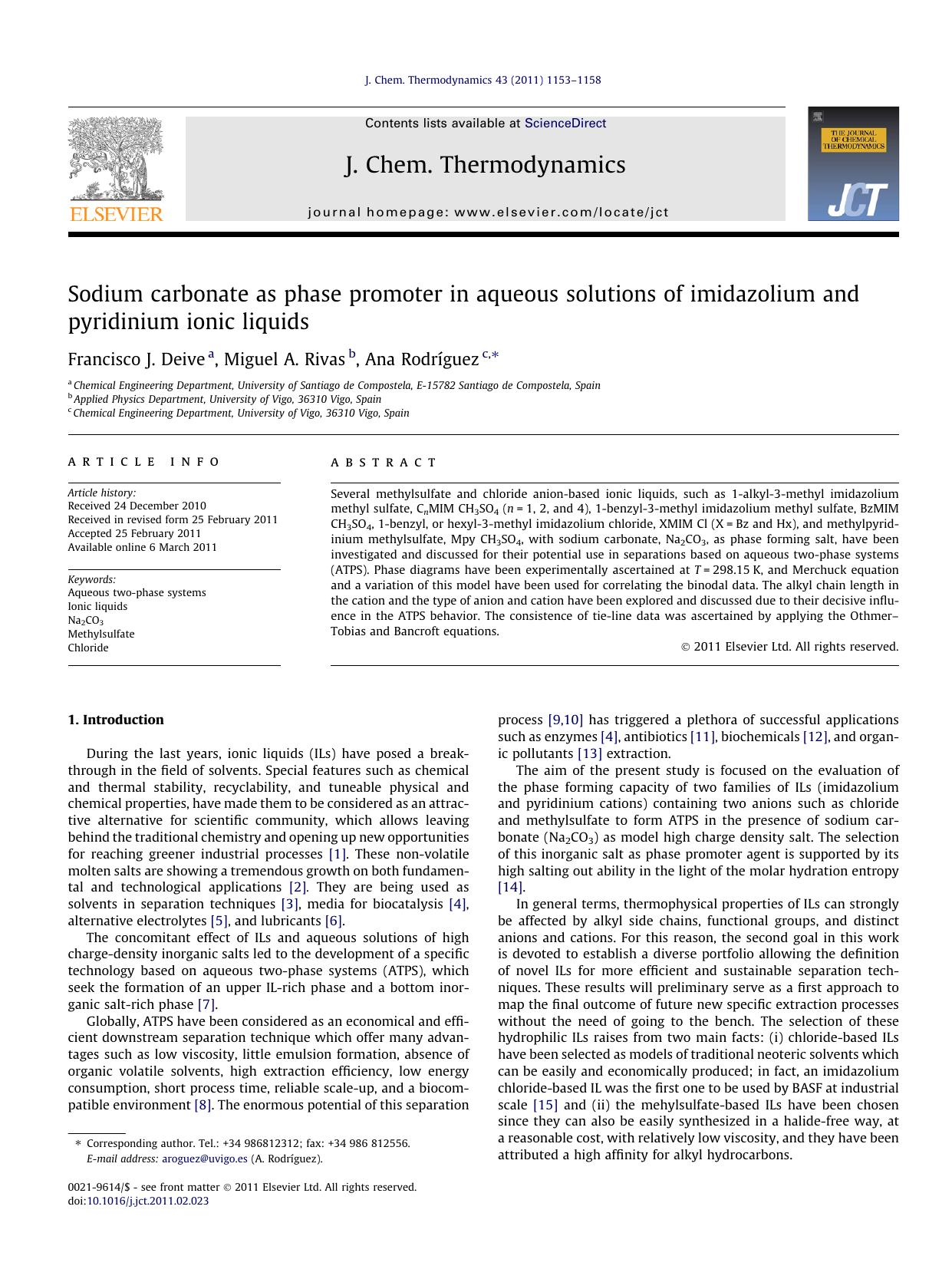 Sodium carbonate as phase promoter in aqueous solutions of imidazolium and pyridinium ionic liquids by Francisco J. Deive & Miguel A. Rivas & Ana Rodríguez