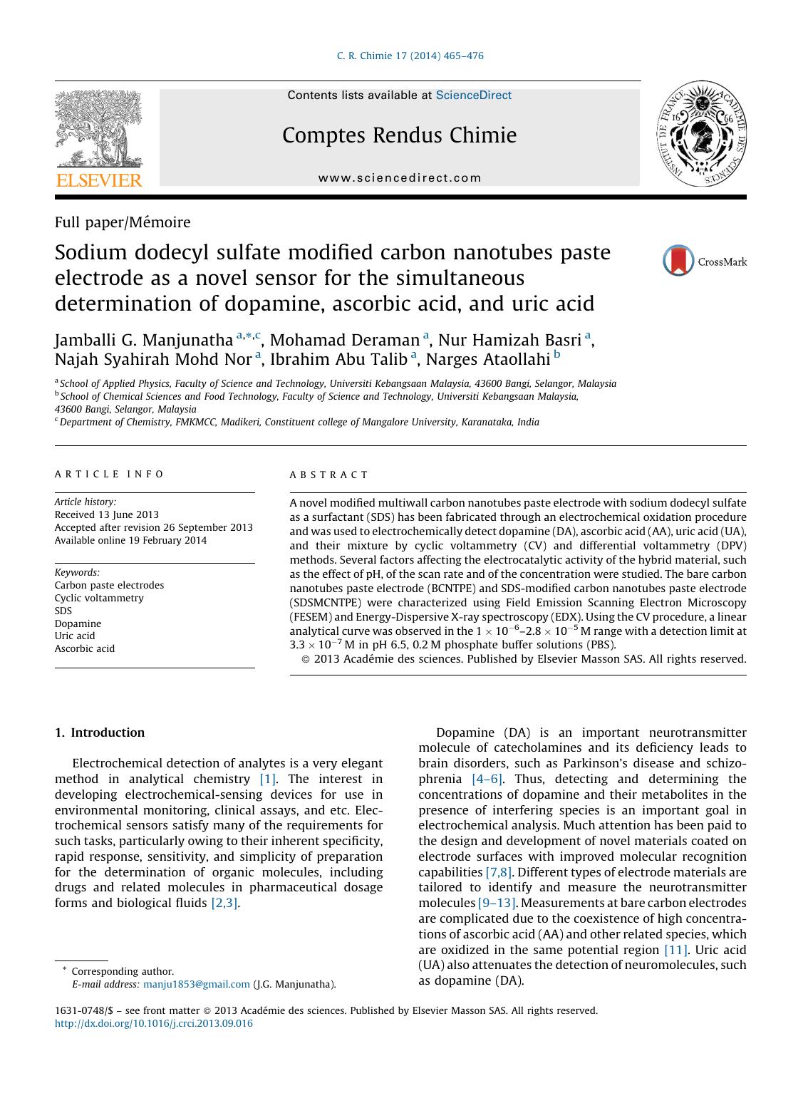 Sodium dodecyl sulfate modified carbon nanotubes paste electrode as a novel sensor for the simultaneous determination of dopamine, ascorbic acid, and uric acid by unknow