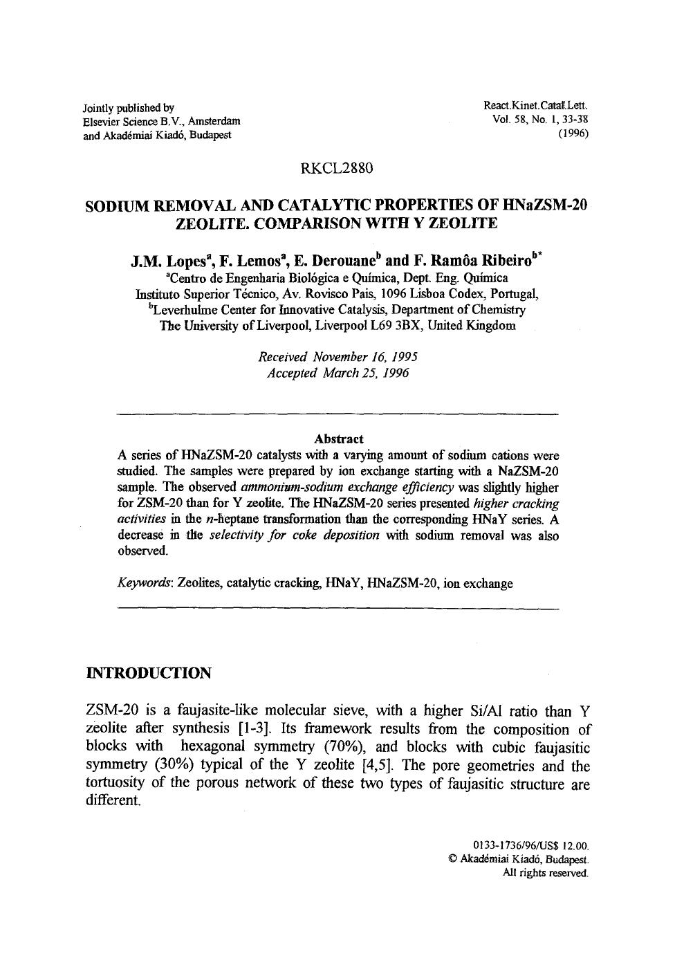Sodium removal and catalytic properties of HNaZSM-20 zeolite. Comparison with Y zeolite by Unknown