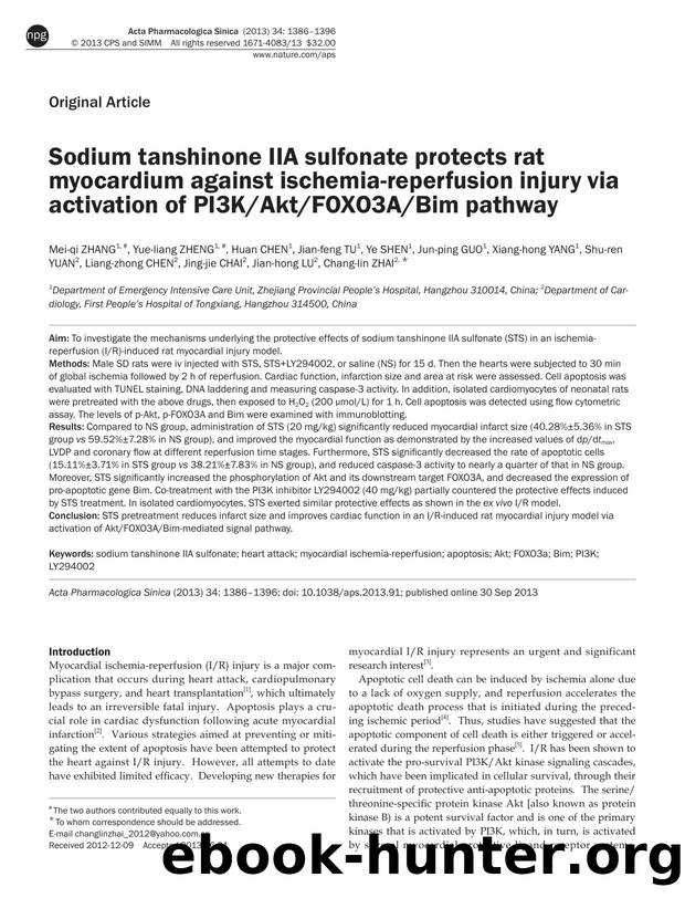Sodium tanshinone IIA sulfonate protects rat myocardium against ischemia-reperfusion injury via activation of PI3KAktFOXO3ABim pathway by unknow
