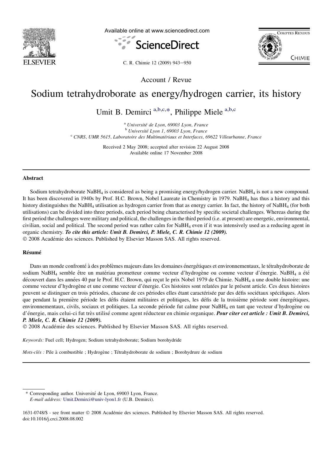 Sodium tetrahydroborate as energyhydrogen carrier, its history by Umit B. Demirci; Philippe Miele