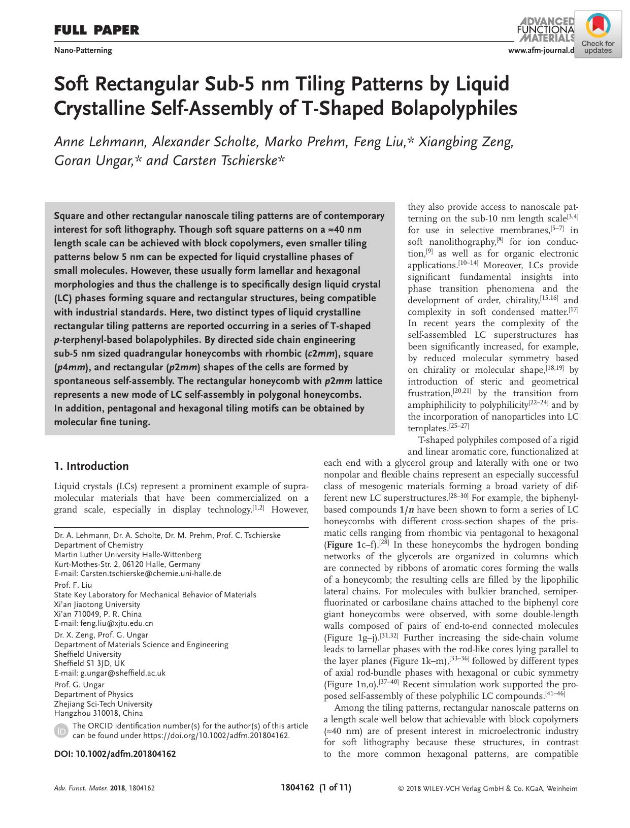 Soft Rectangular Subâ5 nm Tiling Patterns by Liquid Crystalline SelfâAssembly of TâShaped Bolapolyphiles by Unknown