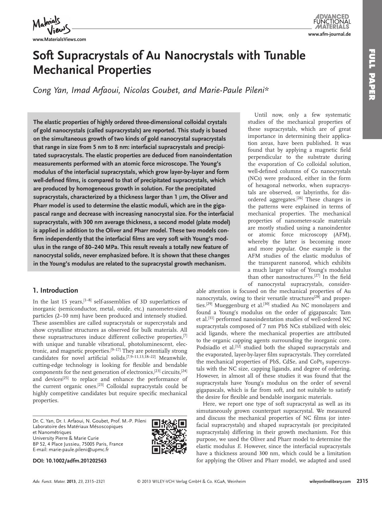 Soft Supracrystals of Au Nanocrystals with Tunable Mechanical Properties by wbpm