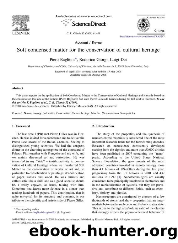 Soft condensed matter for the conservation of cultural heritage by Piero Baglioni; Rodorico Giorgi; Luigi Dei