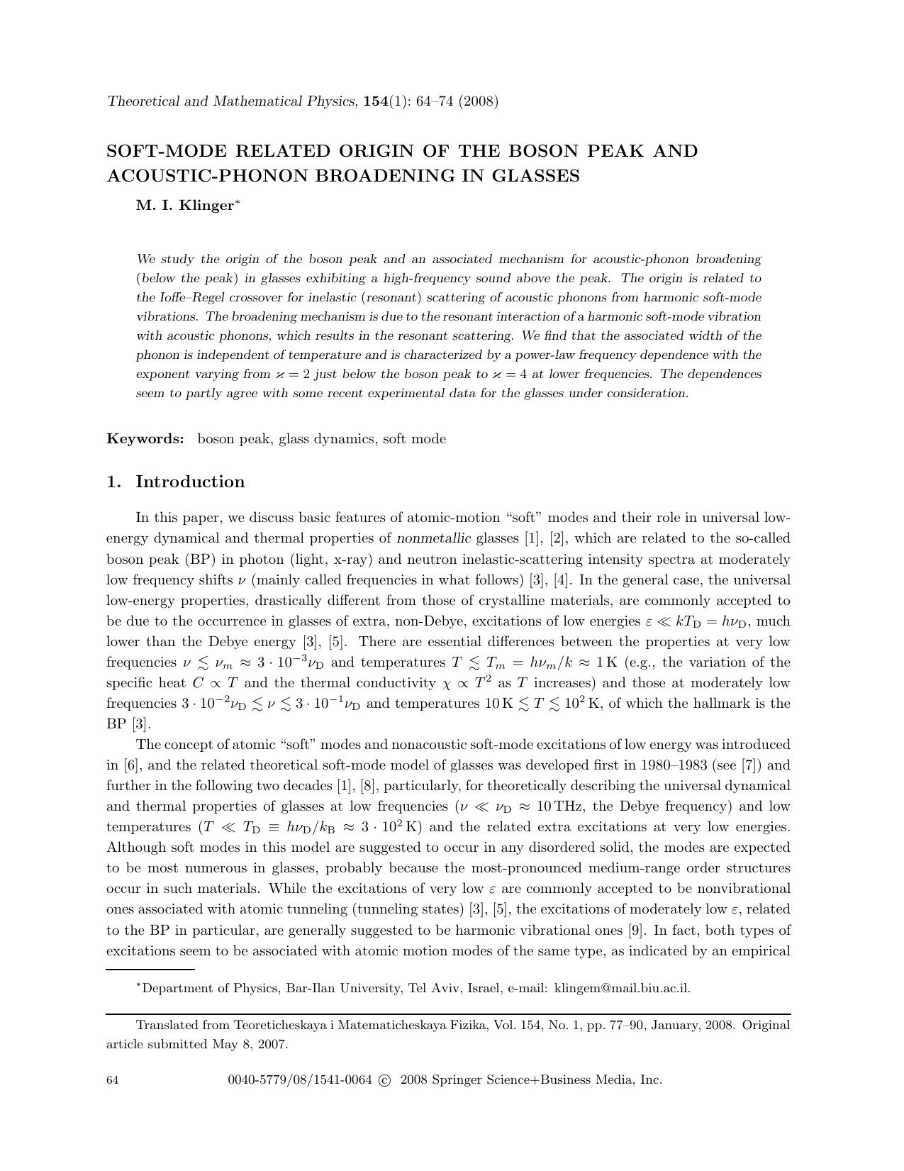 Soft-mode related origin of the boson peak and acoustic-phonon broadening in glasses by Unknown