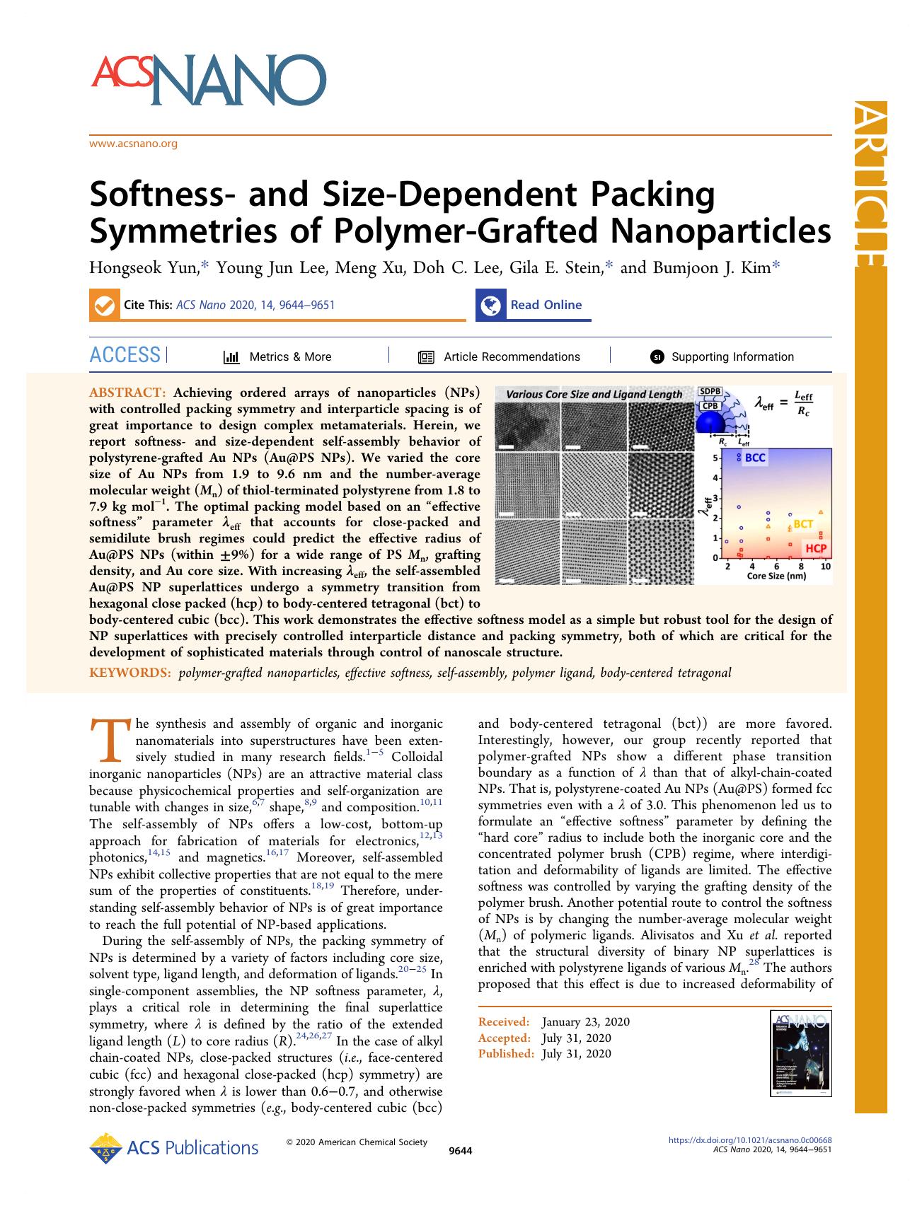 Softness- and Size-Dependent Packing Symmetries of Polymer-Grafted Nanoparticles by Hongseok Yun Young Jun Lee Meng Xu Doh C. Lee Gila E. Stein and Bumjoon J. Kim