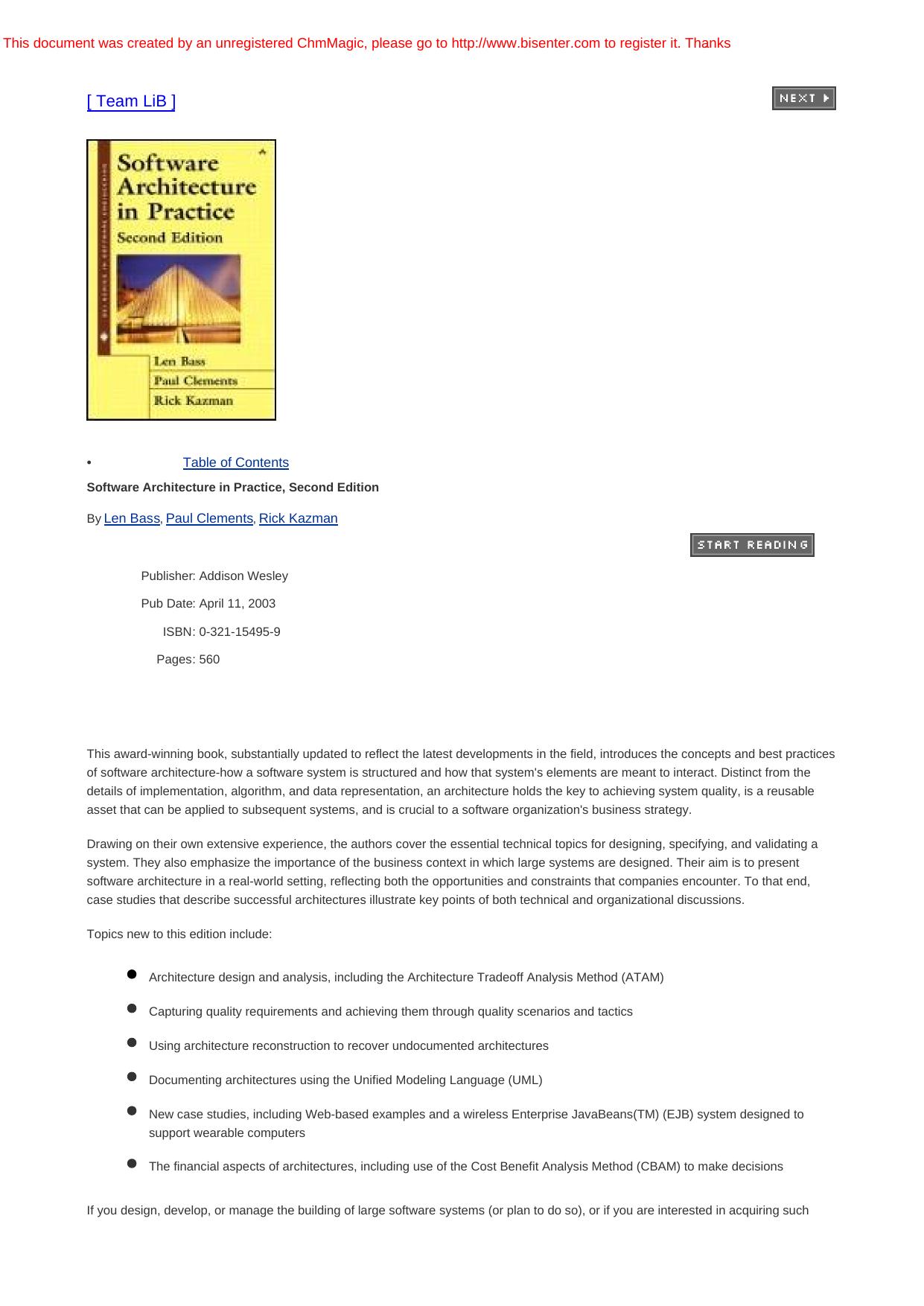 Software Architecture in Practice 2nd Edition by Unknown