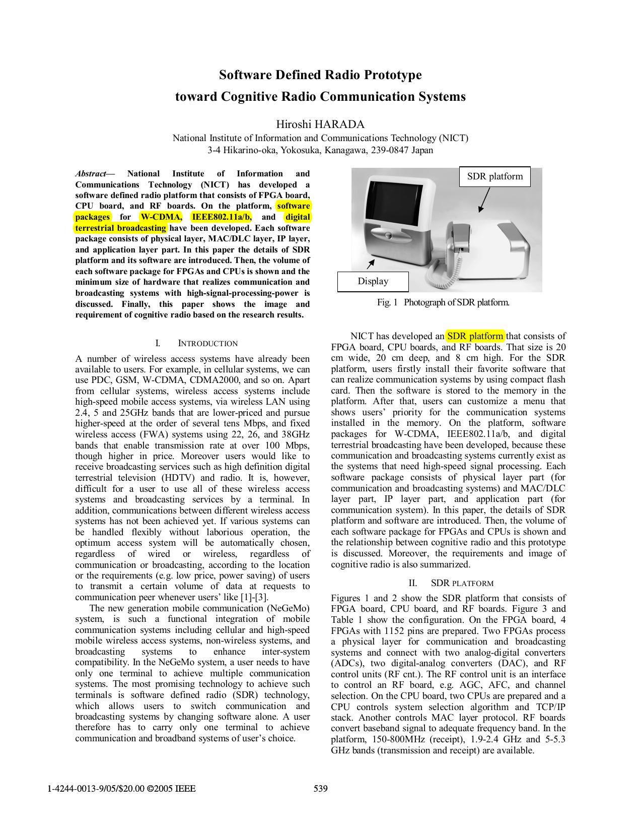 Software Defined Radio Prototype toward Cognitive Radio Communication Systems by Harada H