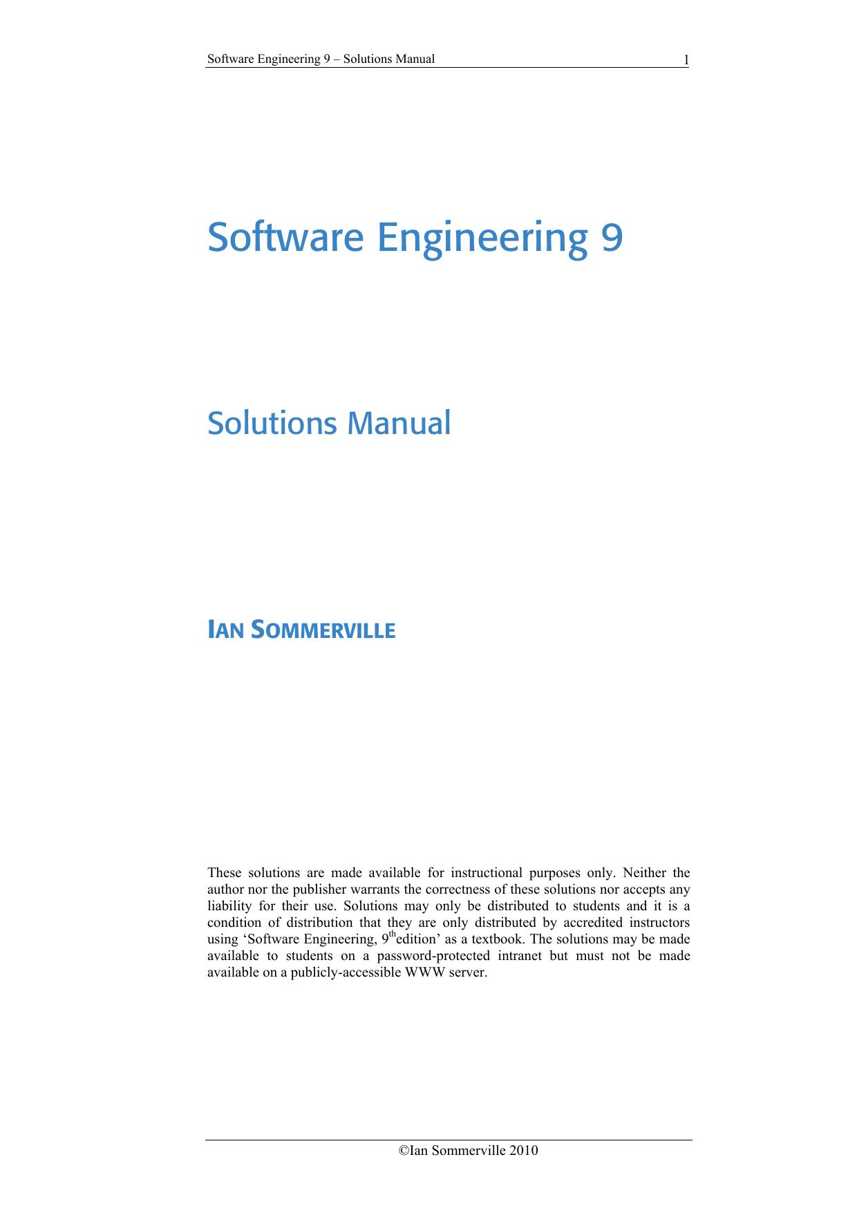 Software Engineering 9: Solutions Manual by Ian Sommerville