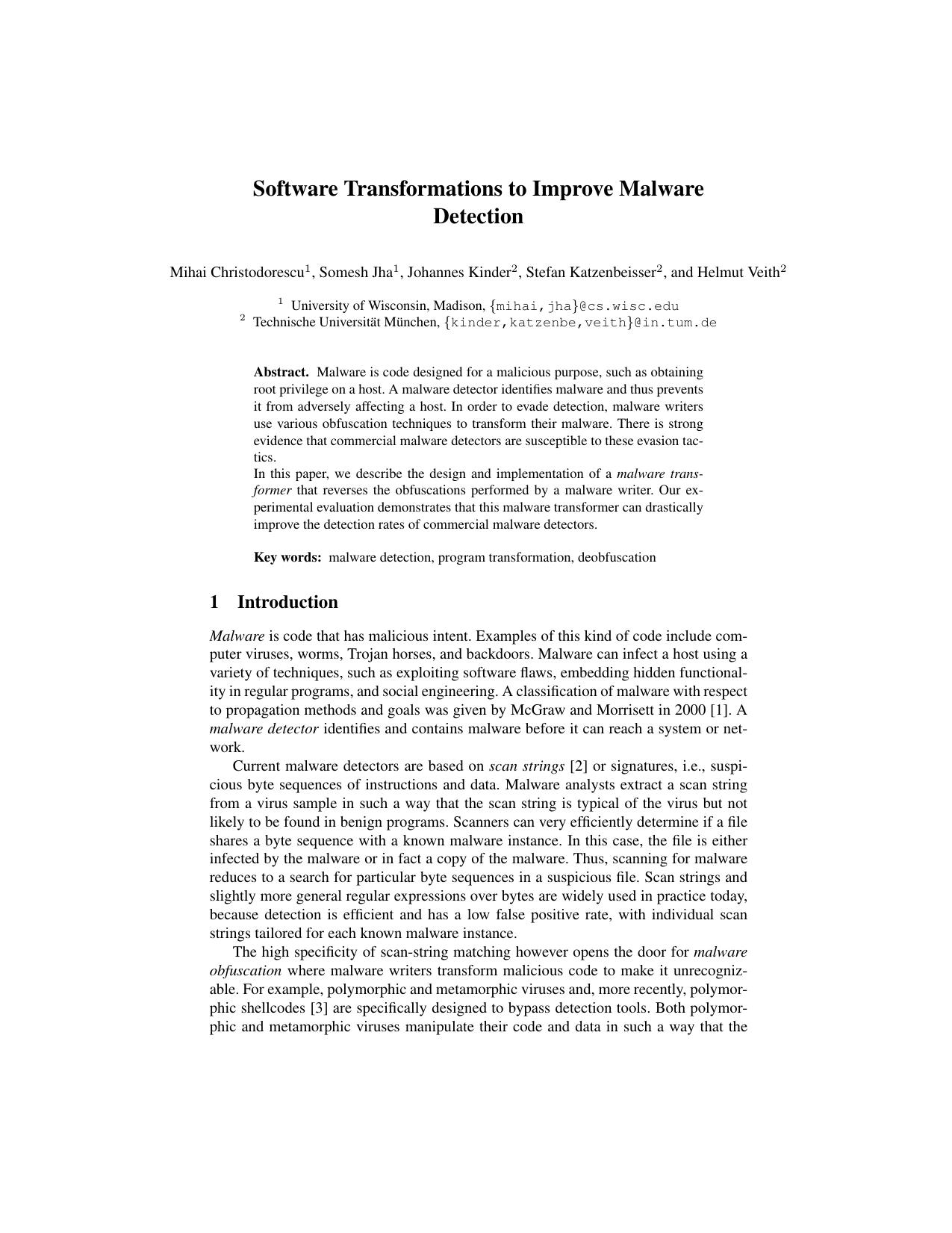 Software Transformations to Improve Malware Detection by Unknown