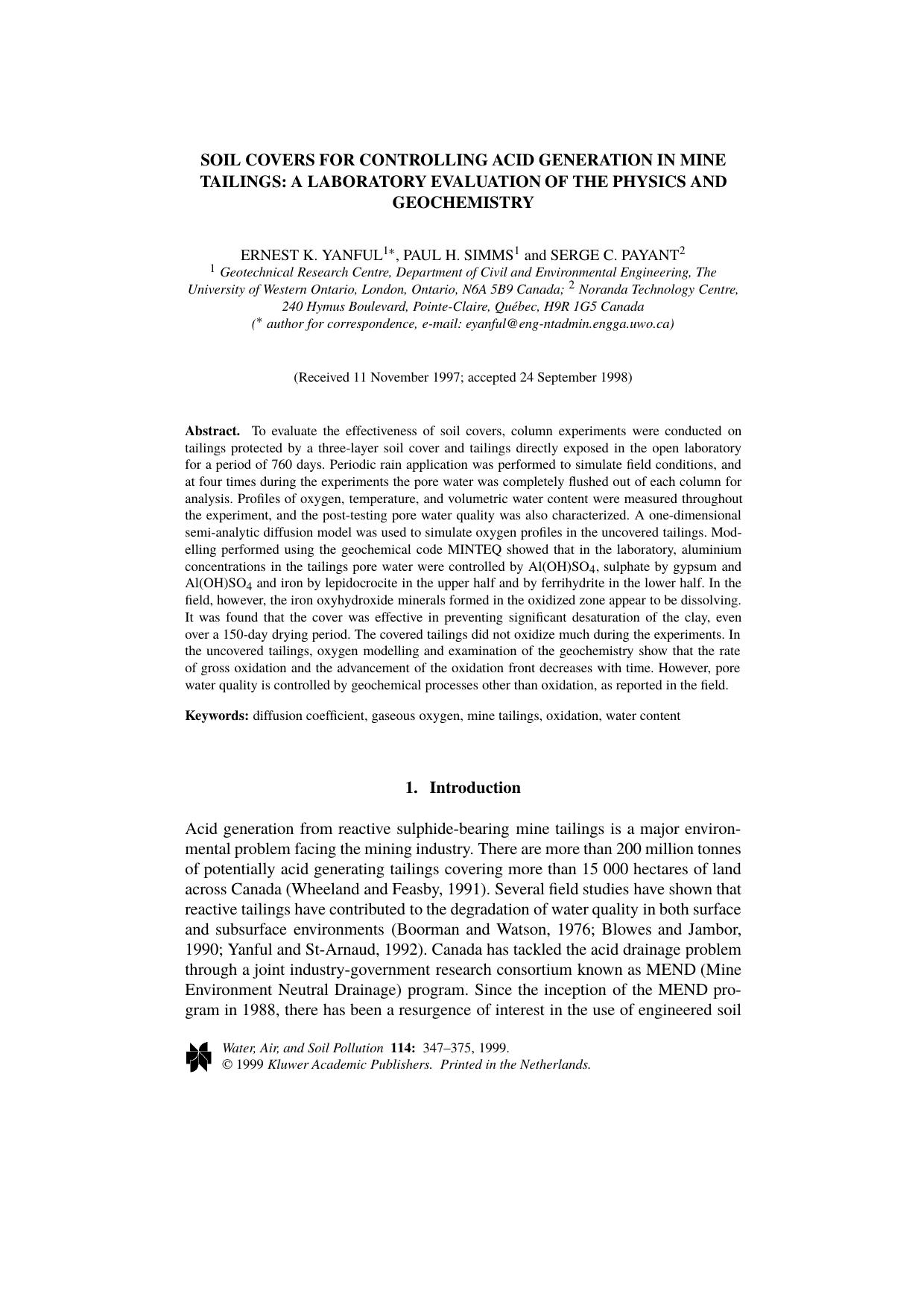 Soil Covers for Controlling Acid Generation in Mine Tailings: a Laboratory Evaluation of the Physics and Geochemistry by Unknown
