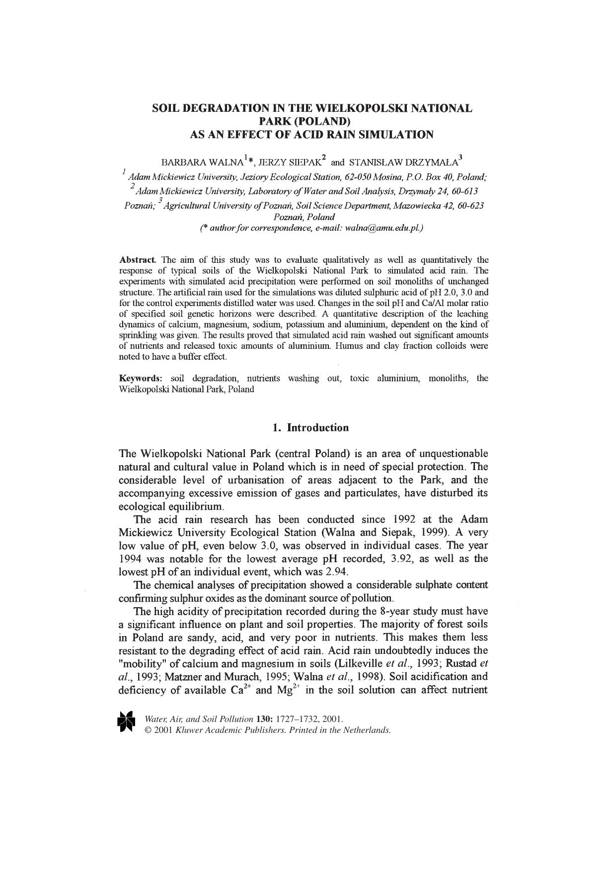 Soil Degradation in the Wielkopolski National Park (Poland) as an Effect of Acid Rain Simulation by Unknown