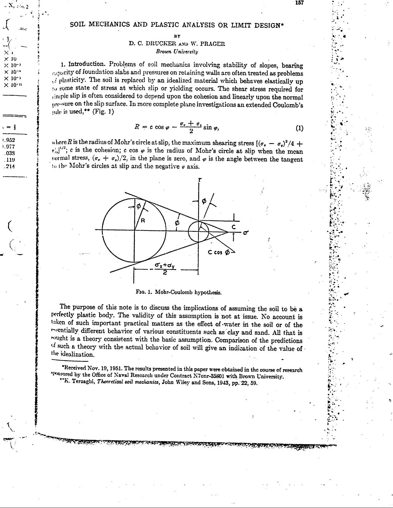Soil Mechanics and Plastic Analysis for Limit Design by Drucker D.C. Prager W