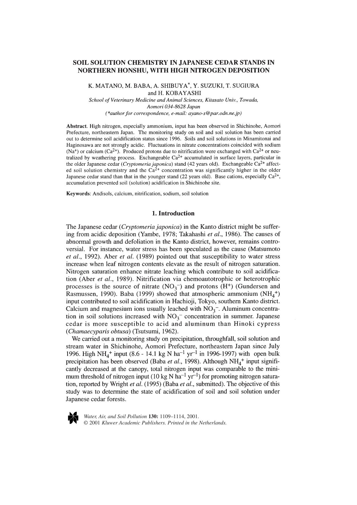 Soil Solution Chemistry in Japanese Cedar Stands in Northern Honshu, with High Nitrogen Deposition by Unknown
