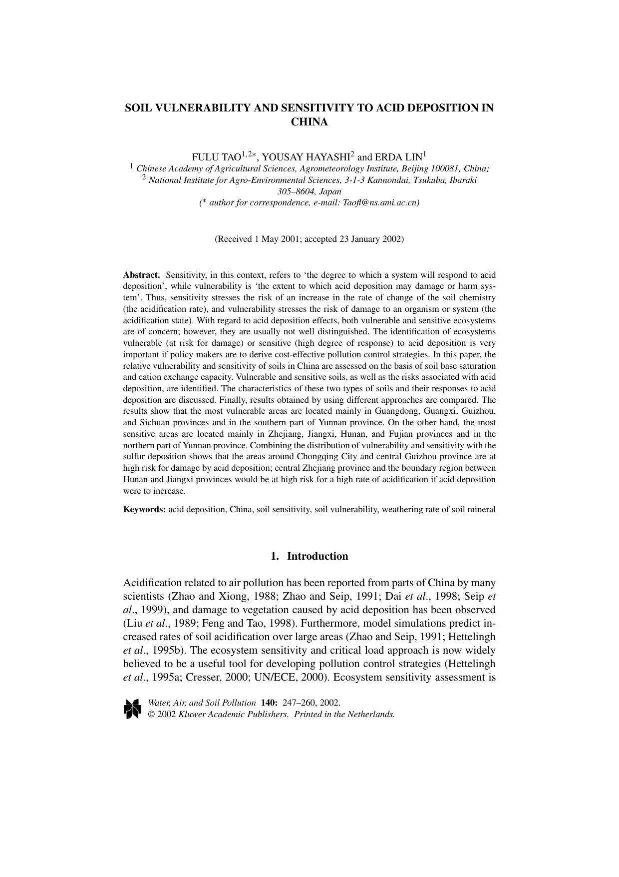 Soil Vulnerability and Sensitivity to Acid Deposition in China by Unknown