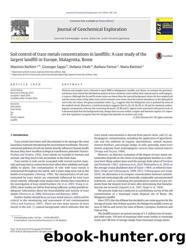 Soil control of trace metals concentrations in landfills: A case study of the largest landfill in Europe, Malagrotta, Rome by Maurizio Barbieri & Giuseppe Sappa & Stefania Vitale & Barbara Parisse & Maria Battistel