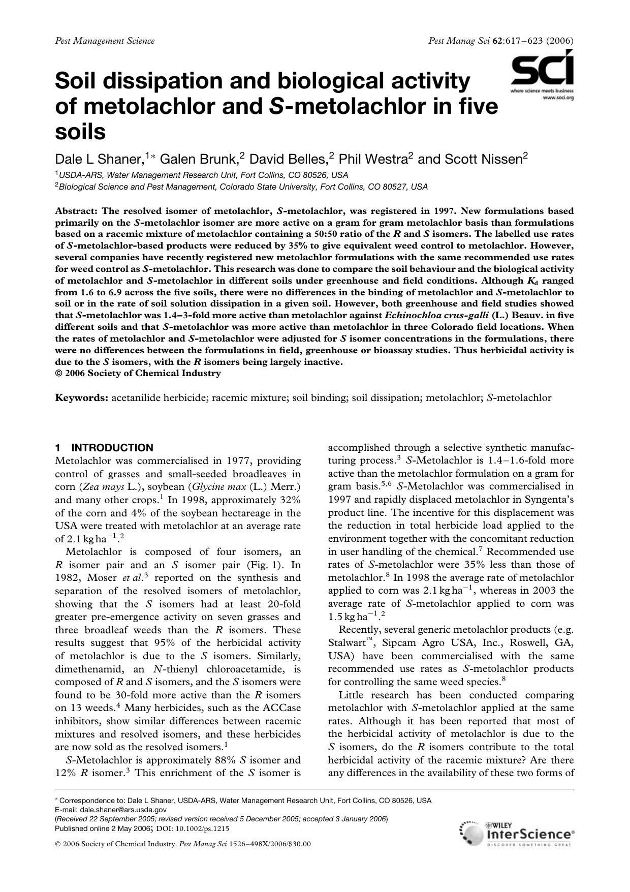 Soil dissipation and biological activity of metolachlor and S-metolachlor in five soils by Unknown