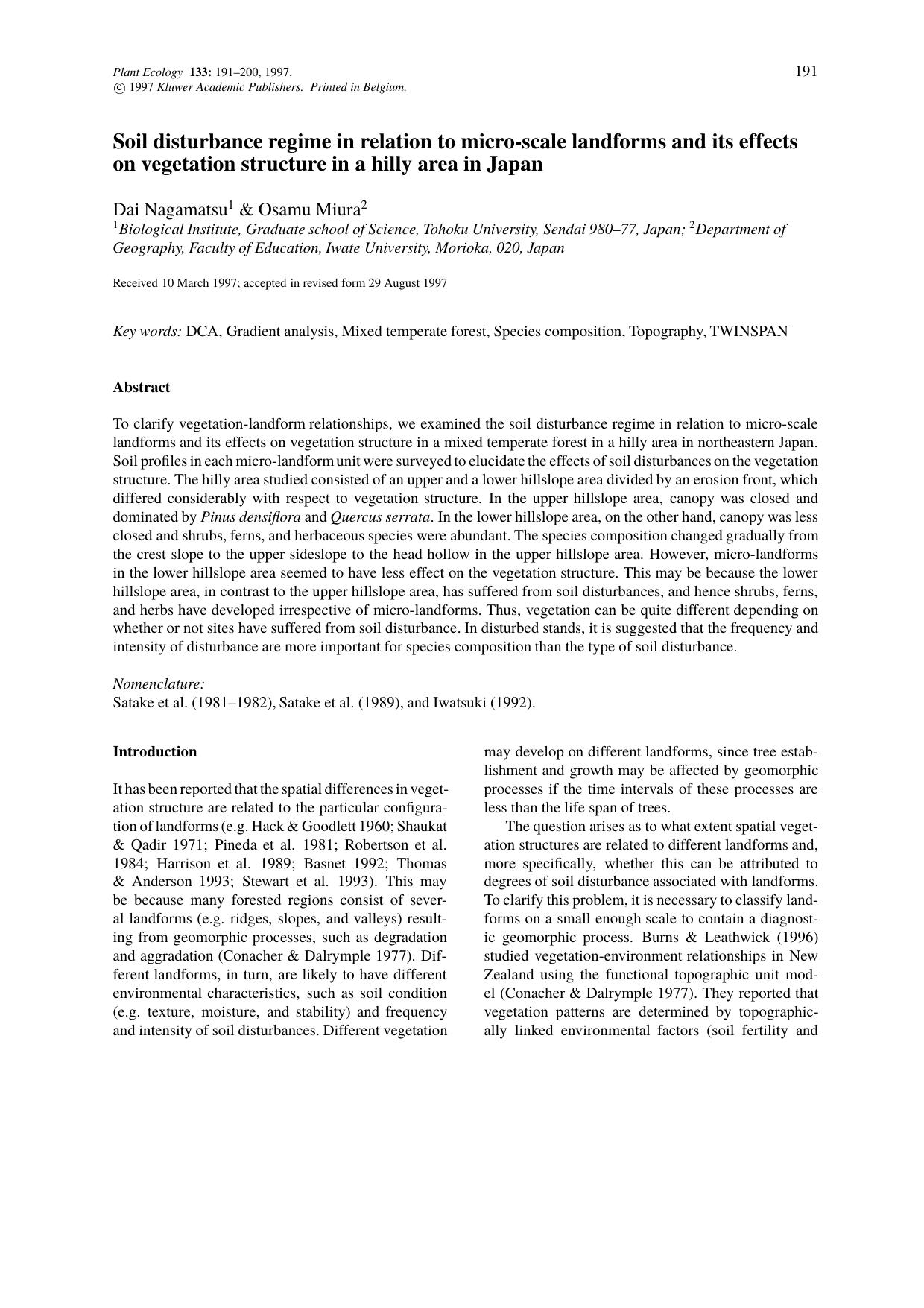 Soil disturbance regime in relation to micro-scale landforms and its effects on vegetation structure in a hilly area in Japan by Unknown