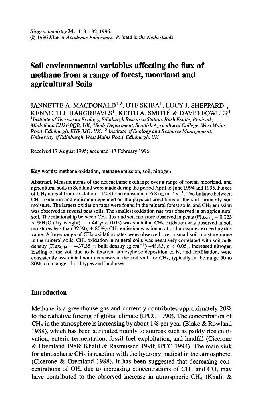 Soil environmental variables affecting the flux of methane from a range of forest, moorland and agricultural soils by Unknown