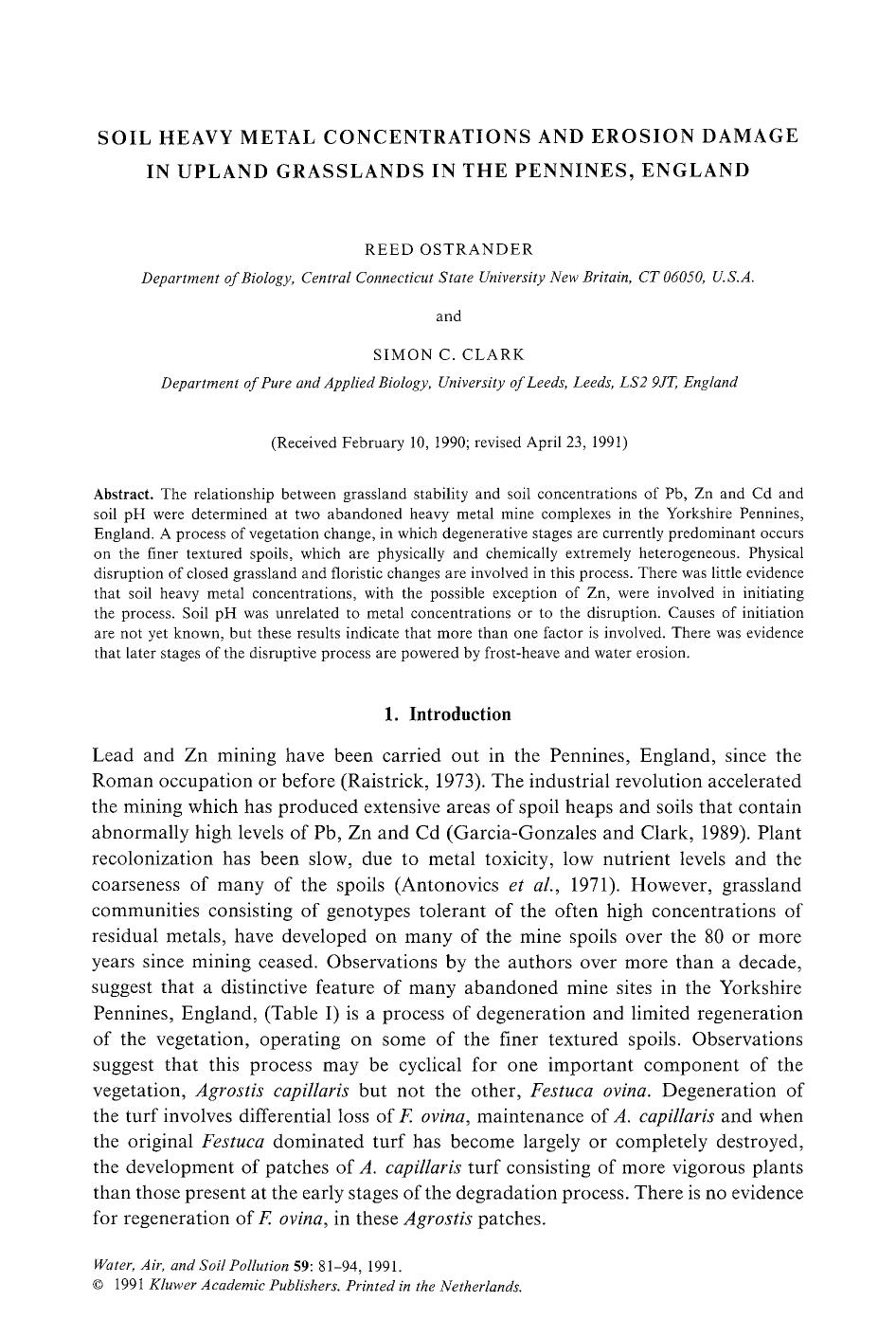 Soil heavy metal concentrations and erosion damage in upland grasslands in the Pennines, England by Unknown