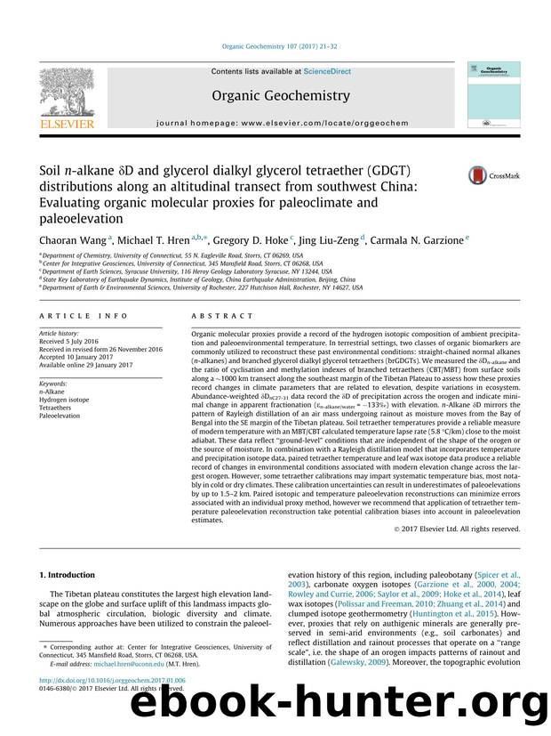 Soil n-alkane ÃÂ´D and glycerol dialkyl glycerol tetraether (GDGT) distributions along an altitudinal transect from southwest China: Evaluating organic molecular proxies for paleo by Chaoran Wang & Michael T. Hren & Gregory D. Hoke & Jing Liu-Zeng & Carmala N. Garzione